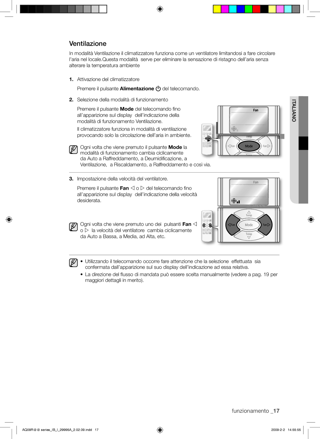 Samsung AQ18UGAN, AQ12UGBX, AQ24UGAN, AQ24UGAX, AQ12UGBN, AQ09UGBN manual Ventilazione, Da Auto a Bassa, a Media, ad Alta, etc 