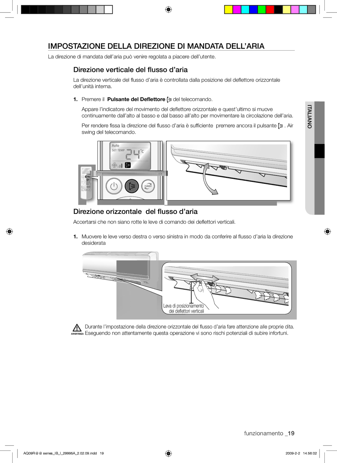 Samsung AQ24UGAN, AQ18UGAN manual Impostazione Della Direzione DI Mandata DELL’ARIA, Direzione verticale del flusso d’aria 