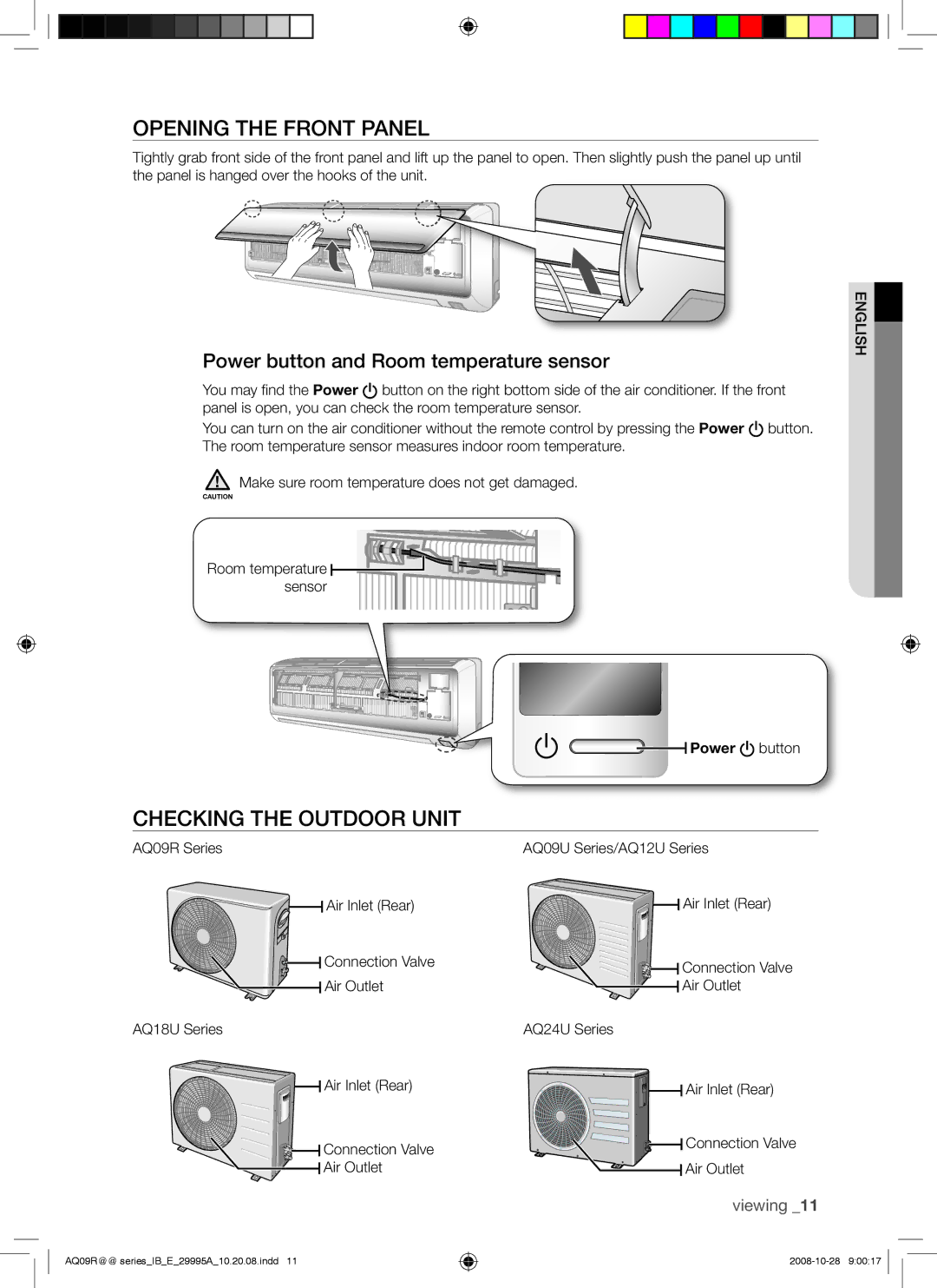 Samsung AQ12UGBX, AQ18UGAN Opening the Front Panel, Checking the Outdoor Unit, Power button and Room temperature sensor 