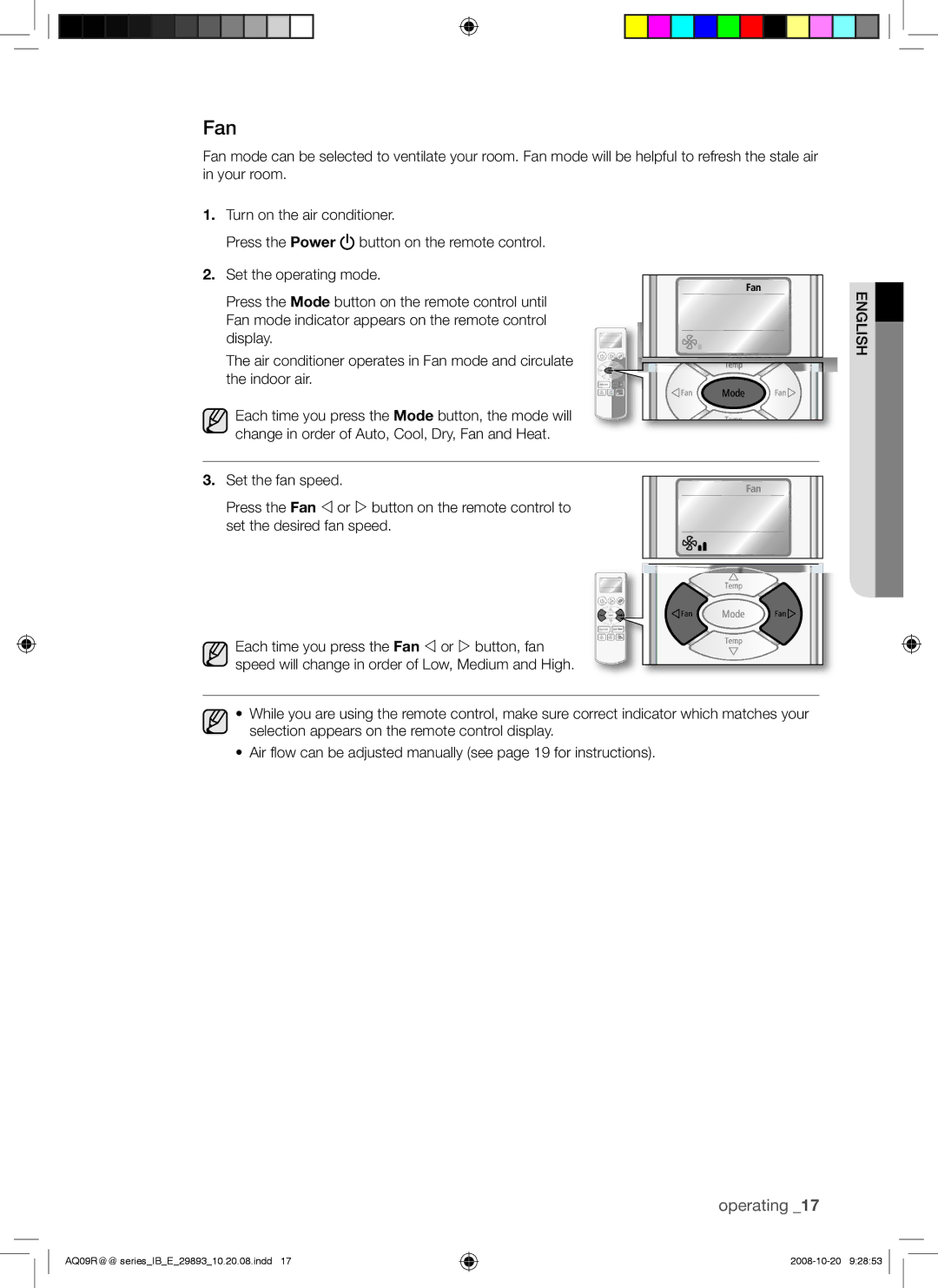 Samsung AQ18UGAX, AQ18UGAN, AQ12UGBX, AQ24UGAN, AQ24UGAX, AQ12UGBN, AQ09UGBN, AQ09UGBX, AQ12UGAN manual Fan 