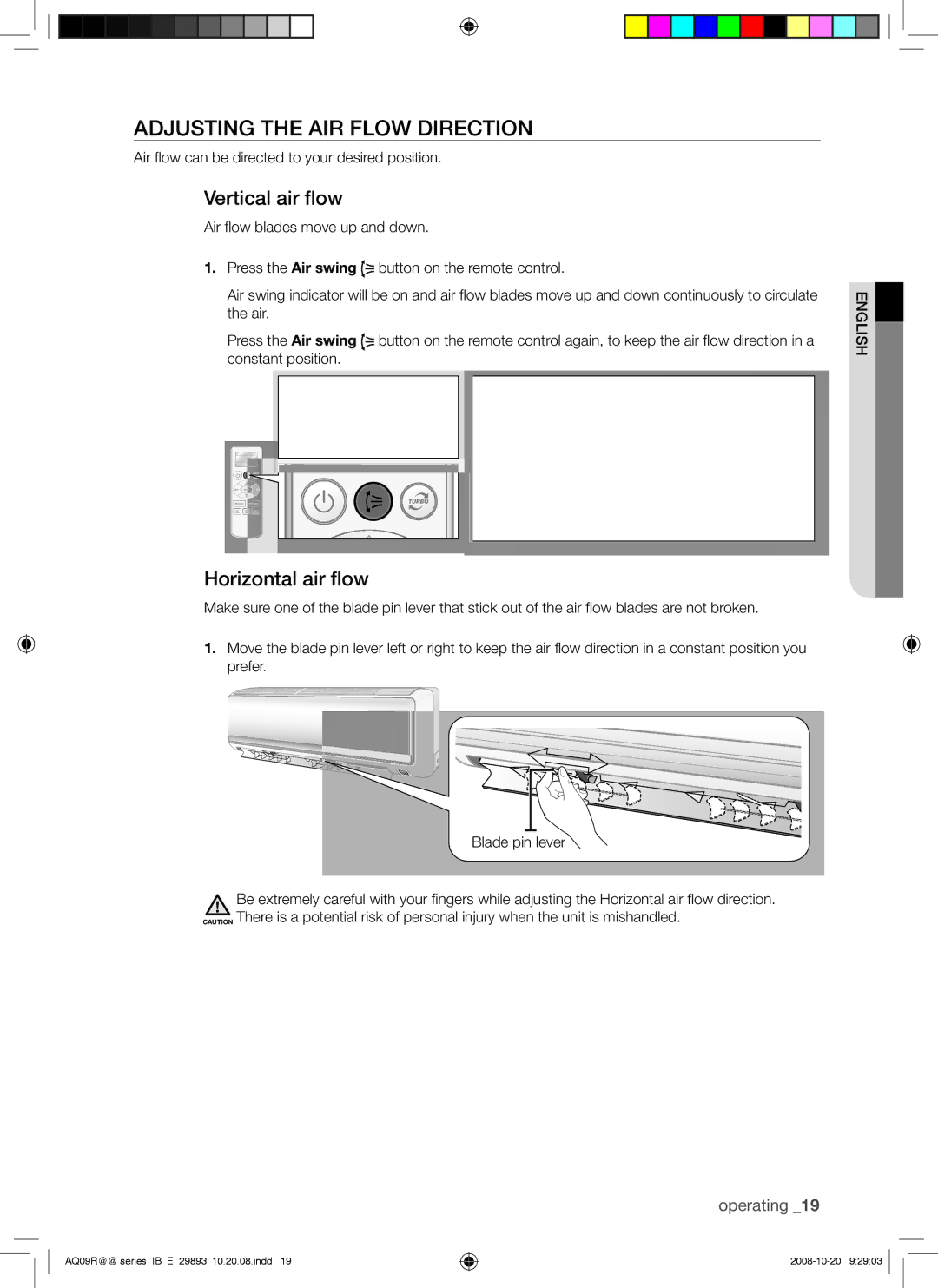 Samsung AQ18UGAN, AQ12UGBX, AQ24UGAN, AQ24UGAX manual Adjusting the AIR Flow Direction, Vertical air flow, Horizontal air flow 