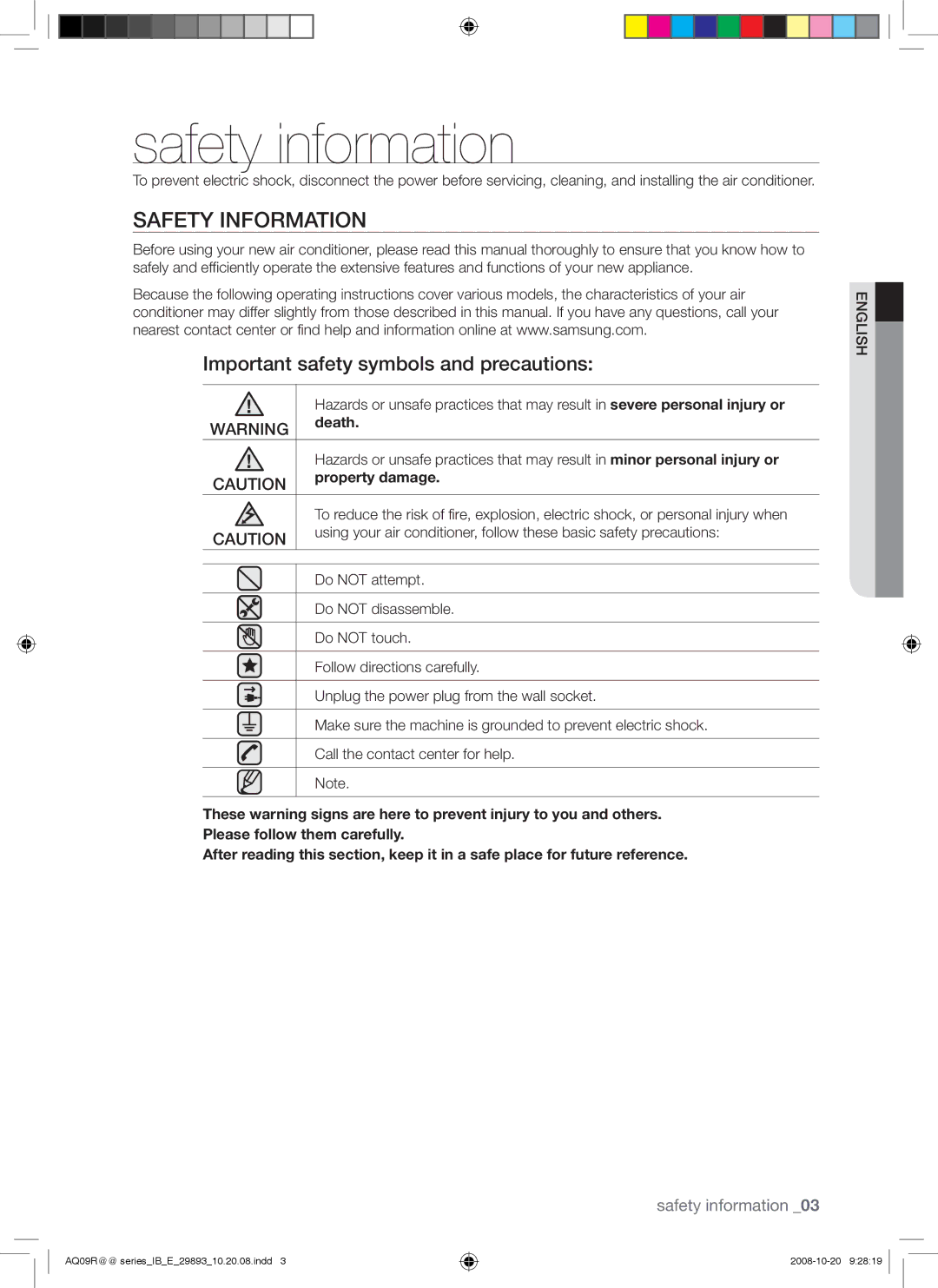 Samsung AQ24UGAN Safety information, Safety Information, Important safety symbols and precautions, Death, Property damage 