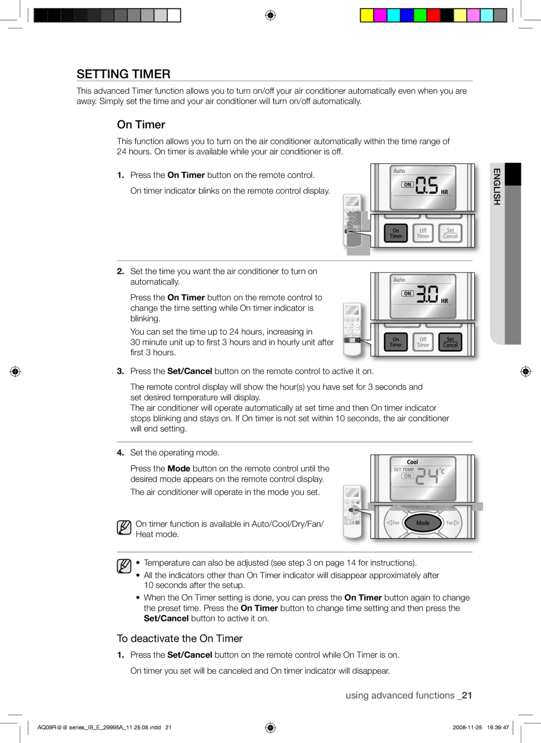 Samsung AQ24UGAN, AQ18UGAN, AQ12UGBX, AQ24UGAX, AQ12UGBN, AQ09UGBN, AQ09UGBX manual Setting Timer, To deactivate the On Timer 