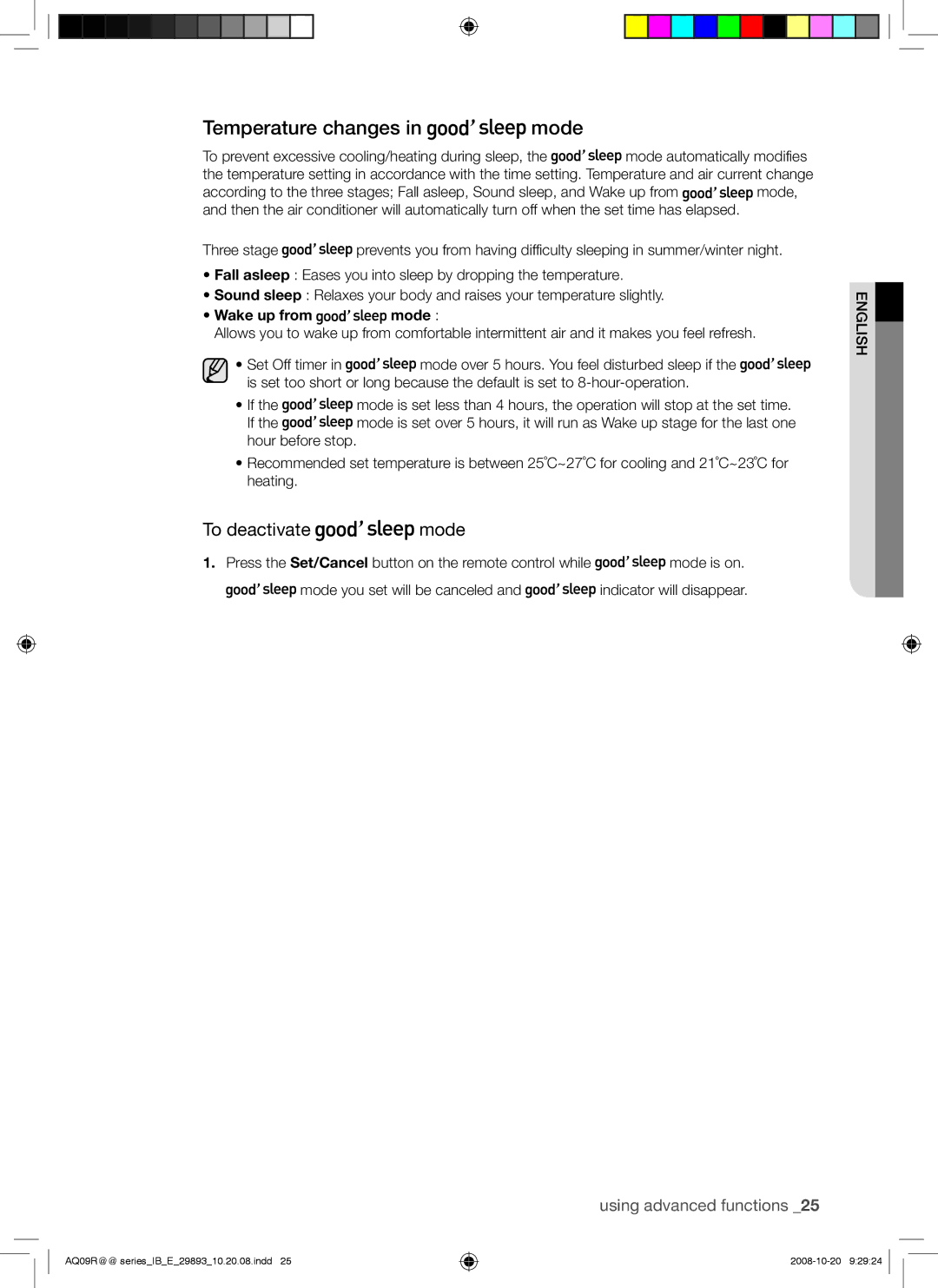 Samsung AQ09UGBX, AQ18UGAN, AQ12UGBX, AQ24UGAN, AQ24UGAX Temperature changes in mode, To deactivate mode, Wake up from mode 