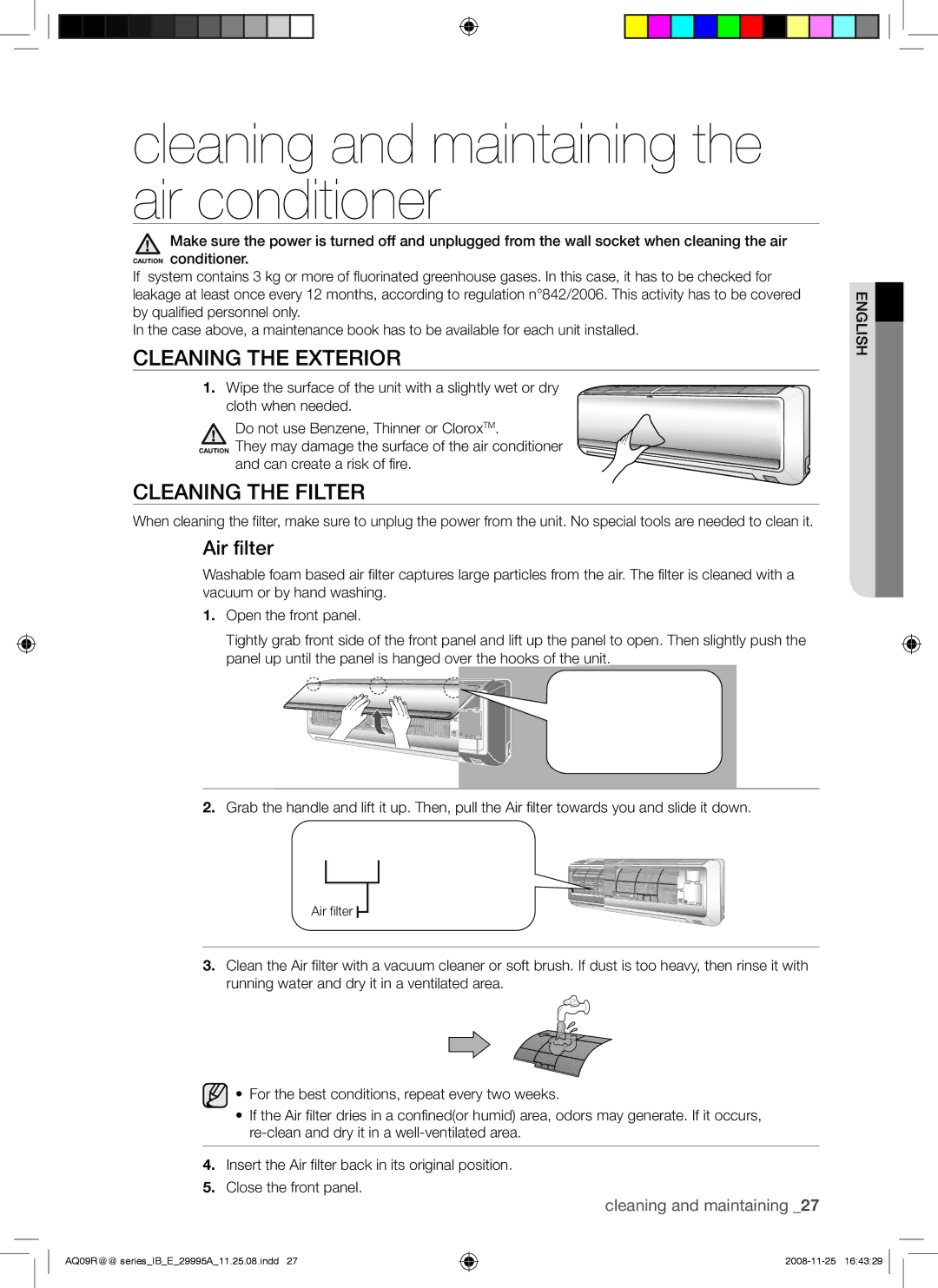 Samsung AQ12UGAN Cleaning and maintaining the air conditioner, Cleaning the Exterior, Cleaning the Filter, Air filter 