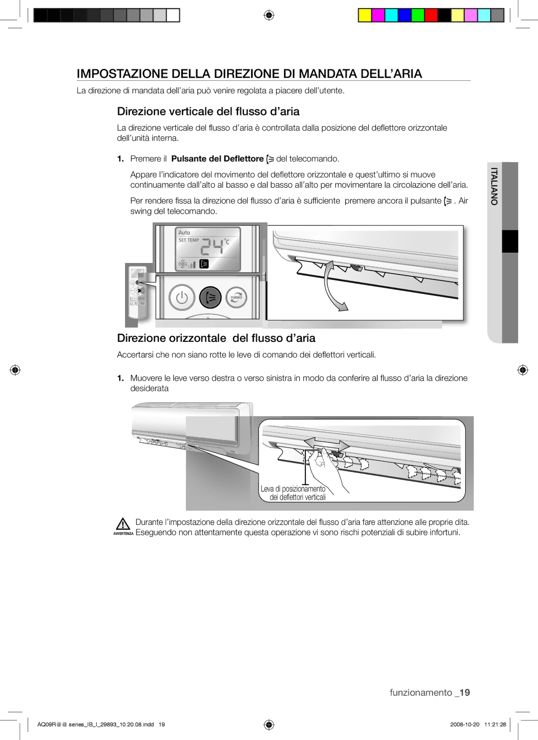 Samsung AQ24UGAN, AQ18UGAN manual Impostazione Della Direzione DI Mandata DELL’ARIA, Direzione verticale del flusso d’aria 