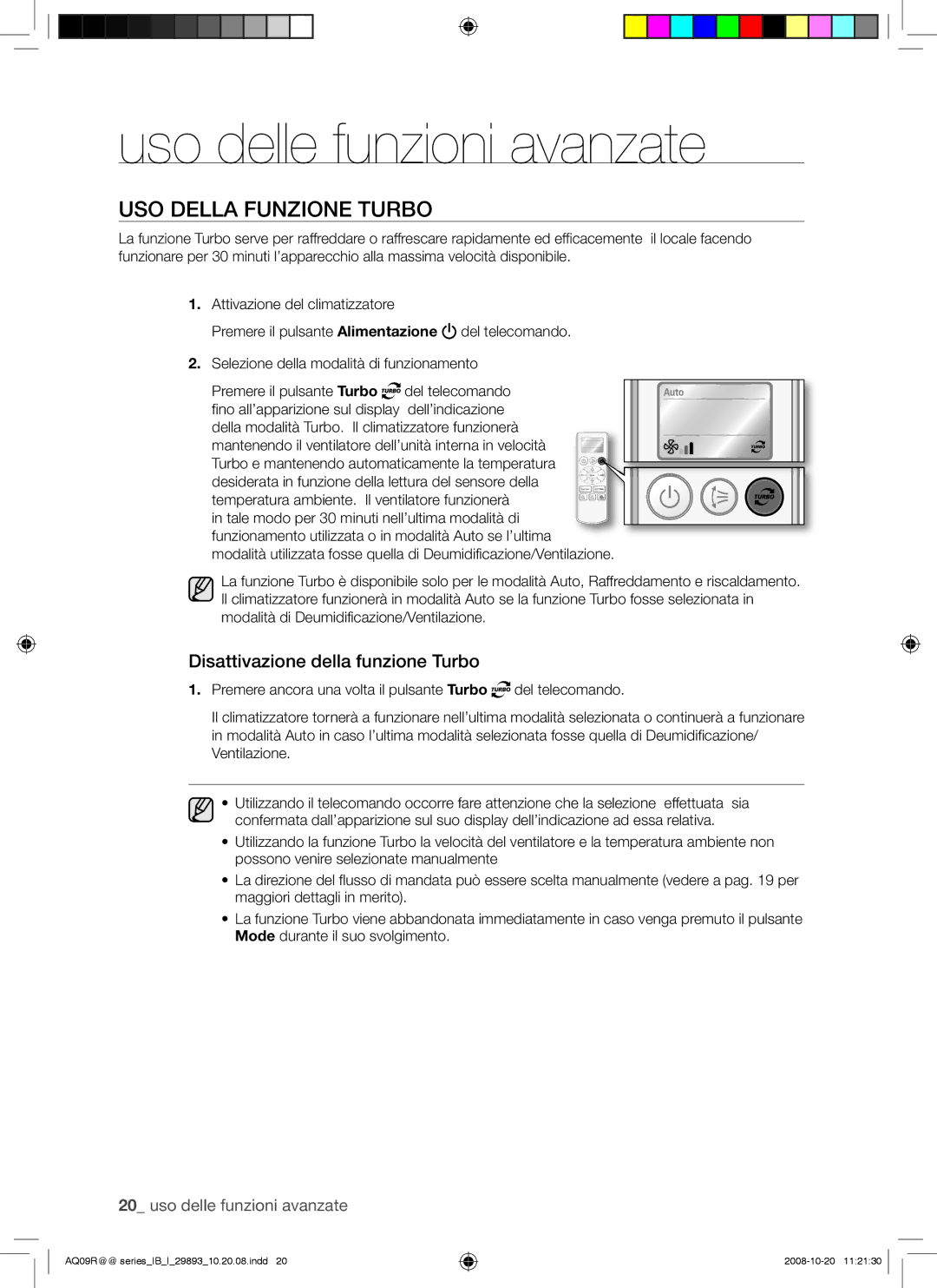 Samsung AQ24UGAX, AQ18UGAN manual Uso delle funzioni avanzate, USO Della Funzione Turbo, Disattivazione della funzione Turbo 