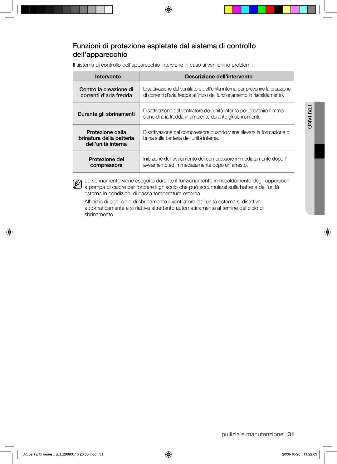 Samsung AQ09UGBX, AQ18UGAN manual Contro la creazione di, Correnti d’aria fredda, Durante gli sbrinamenti, Protezione dalla 