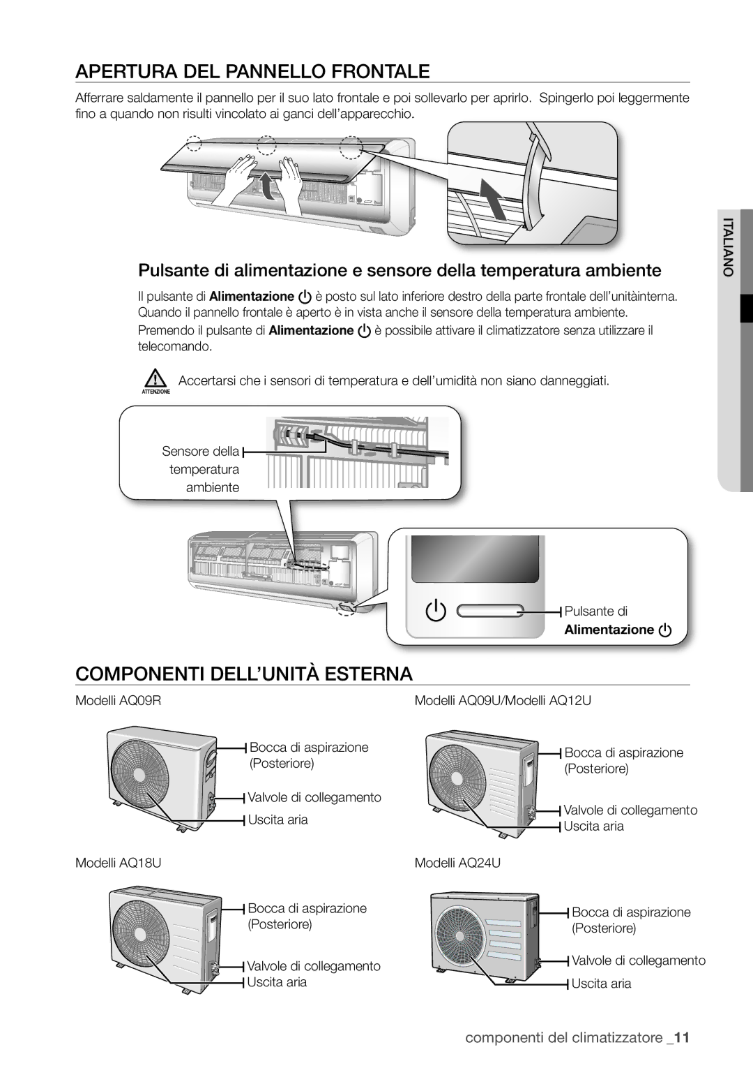 Samsung AQV24UGBN, AQ18UGAN, AQ12UGBX, AQ24UGAN Apertura DEL Pannello Frontale, Componenti DELL’UNITÀ Esterna, Modelli AQ09R 