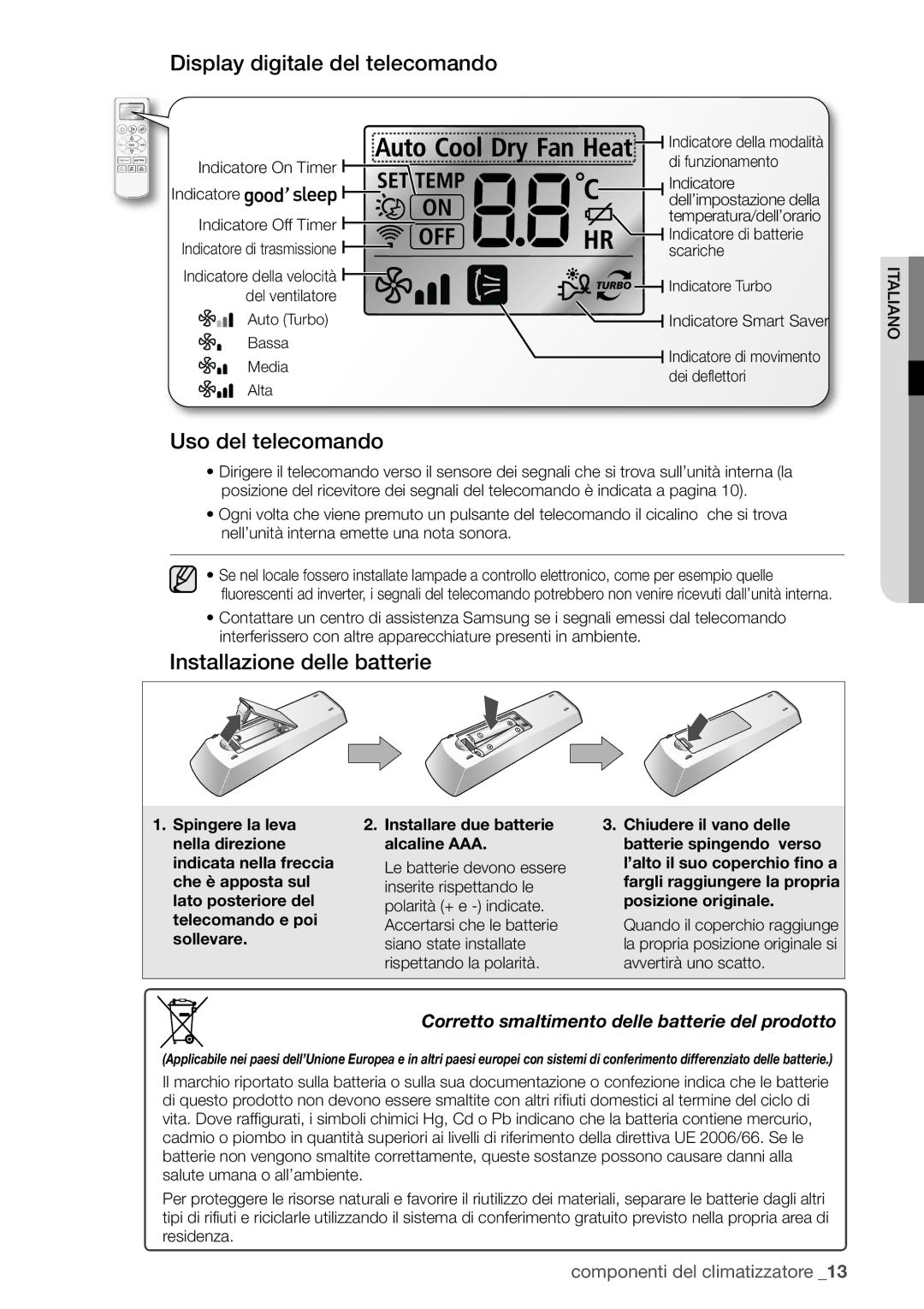 Samsung AQ09UGDX, AQ18UGAN, AQ12UGBX Display digitale del telecomando, Uso del telecomando, Installazione delle batterie 