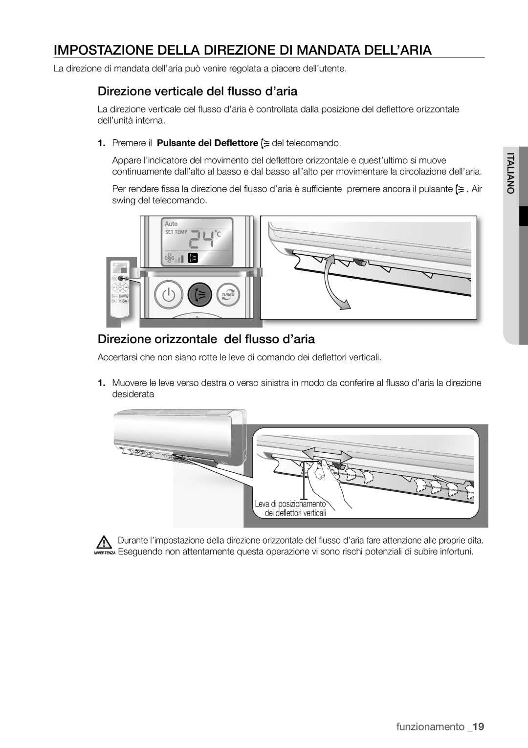 Samsung AQ24UGAX, AQ18UGAN manual Impostazione Della Direzione DI Mandata DELL’ARIA, Direzione verticale del flusso d’aria 