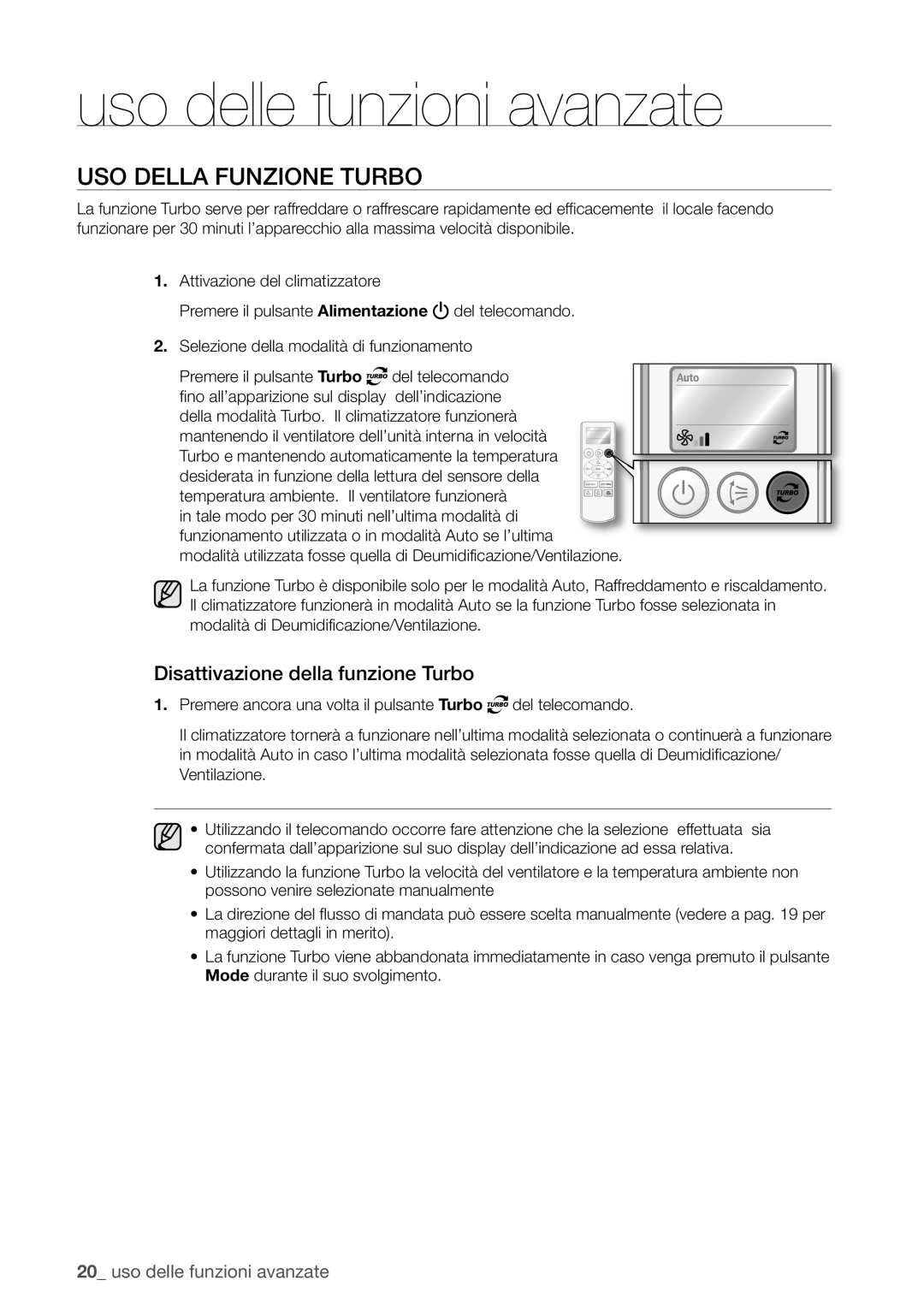 Samsung AQ12UGBN, AQ18UGAN manual Uso delle funzioni avanzate, USO Della Funzione Turbo, Disattivazione della funzione Turbo 