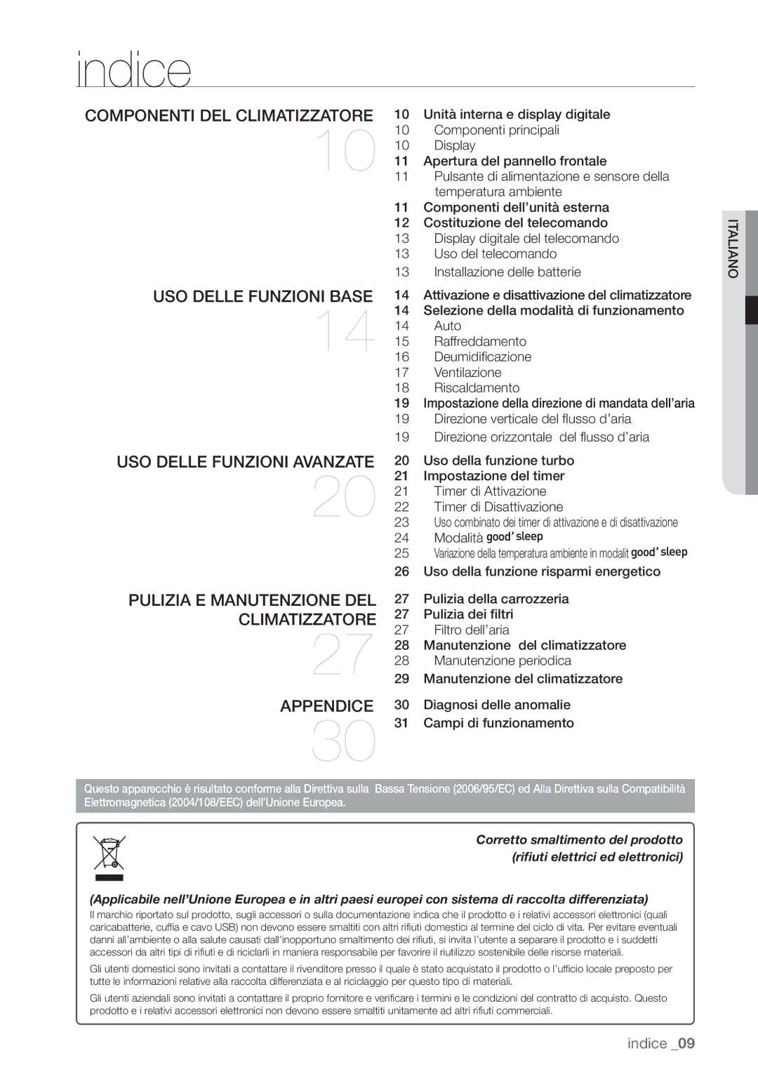 Samsung AQV12UGAN, AQ18UGAN, AQ12UGBX, AQ24UGAN, AQ24UGAX, AQ12UGBN, AQ09UGDN, AQ09UGBN, AQ09UGBX, AQ18UGAX manual Indice, Modalità 