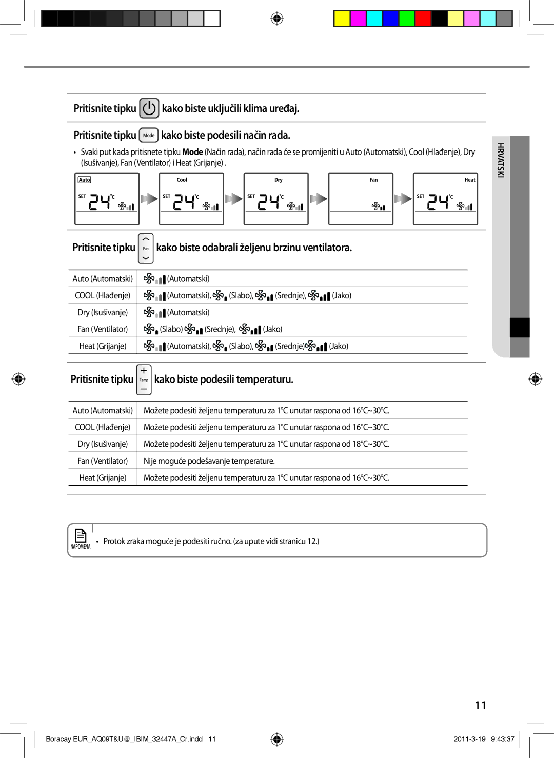 Samsung AQ18TSBNCEE, AQ18UGAN, AQ24TSBN Kako biste odabrali željenu brzinu ventilatora, Kako biste podesili temperaturu 