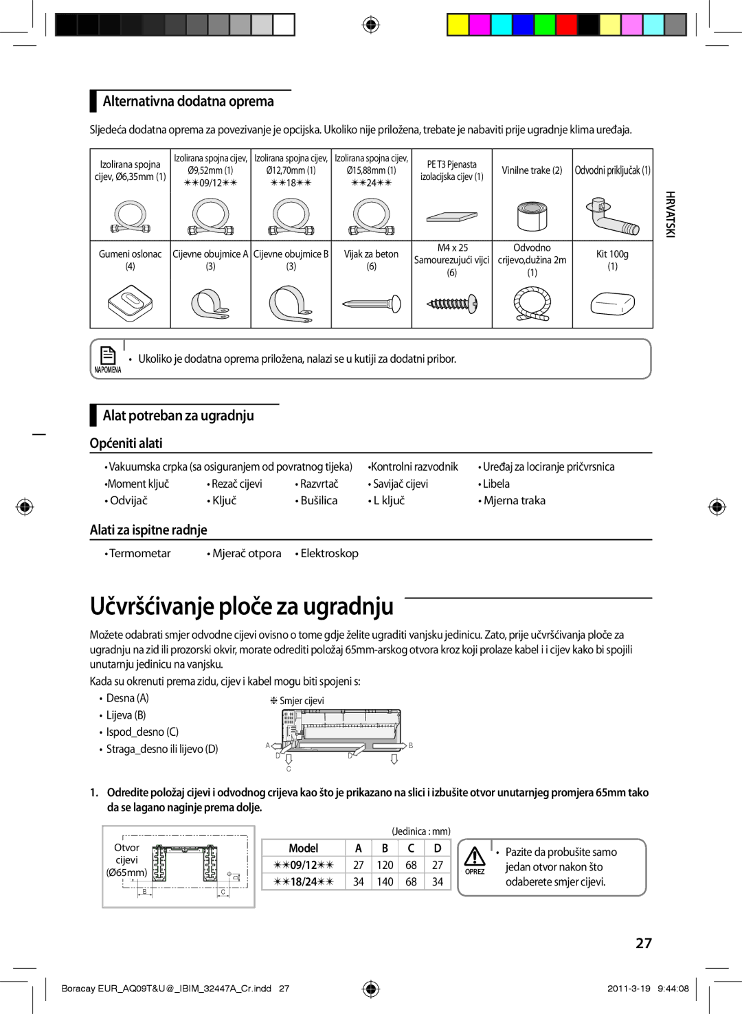 Samsung AQ09TSBN Učvršćivanje ploče za ugradnju, Alternativna dodatna oprema, Alat potreban za ugradnju Općeniti alati 