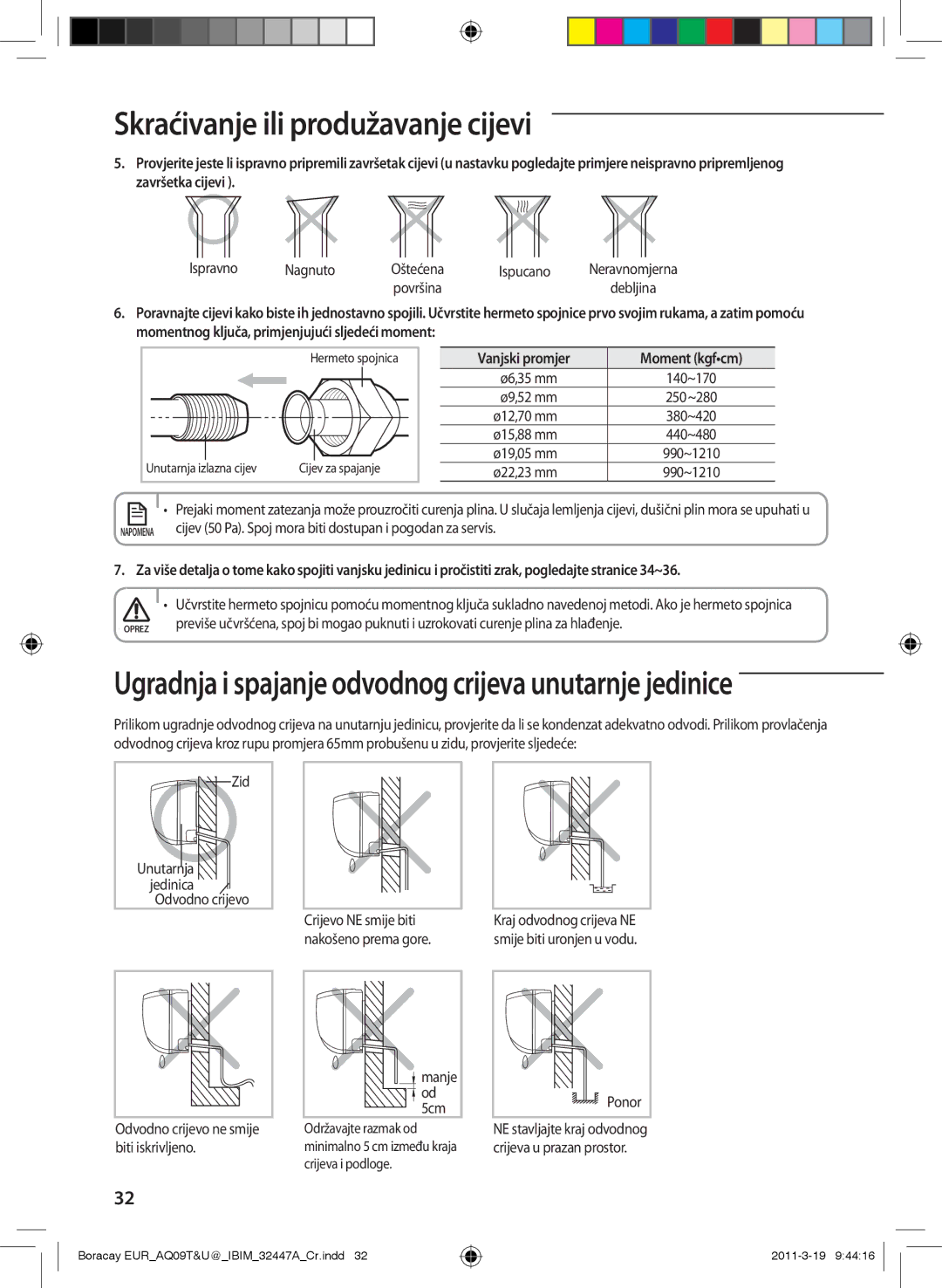 Samsung AQ24TSBNCEE manual Ispravno Nagnuto, Ispucano, Zid, Odvodno crijevo ne smije biti iskrivljeno, Manje Od 5cm, Ponor 