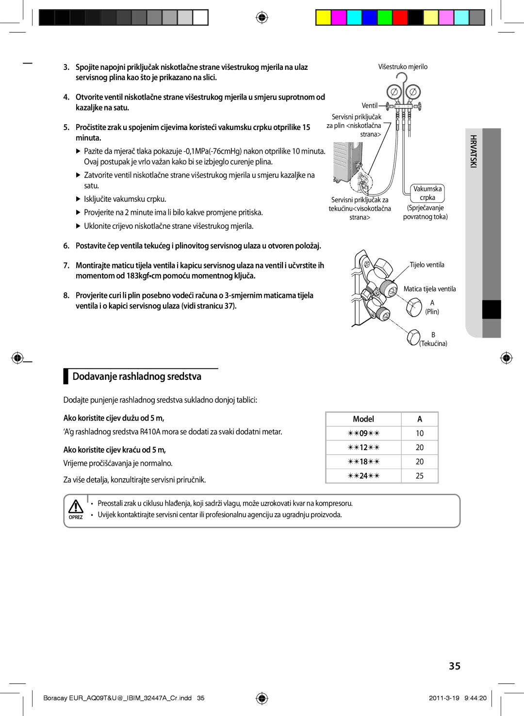 Samsung AQ09TSBNCEE manual Dodavanje rashladnog sredstva, Ako koristite cijev dužu od 5 m, Ako koristite cijev kraću od 5 m 