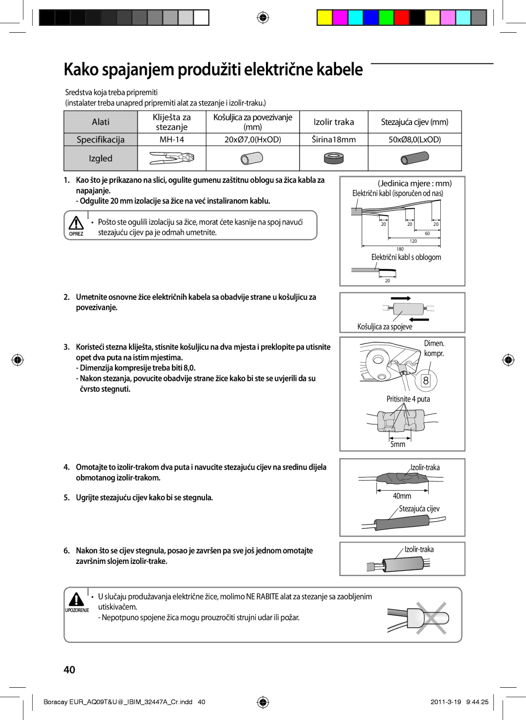 Samsung AQ18UGAX manual Kako spajanjem produžiti električne kabele, Napajanje, Povezivanje, Završnim slojem izolir-trake 