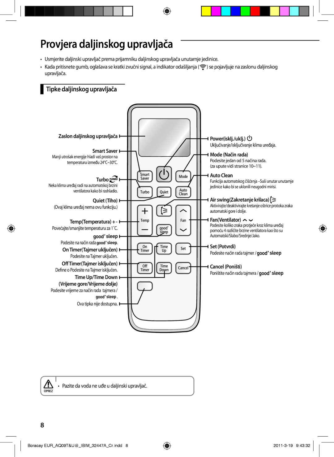 Samsung AQ12TSBN, AQ18UGAN, AQ18TSBN, AQ24TSBN, AQ18TSBX, AQ18UGAX Provjera daljinskog upravljača, Tipke daljinskog upravljača 