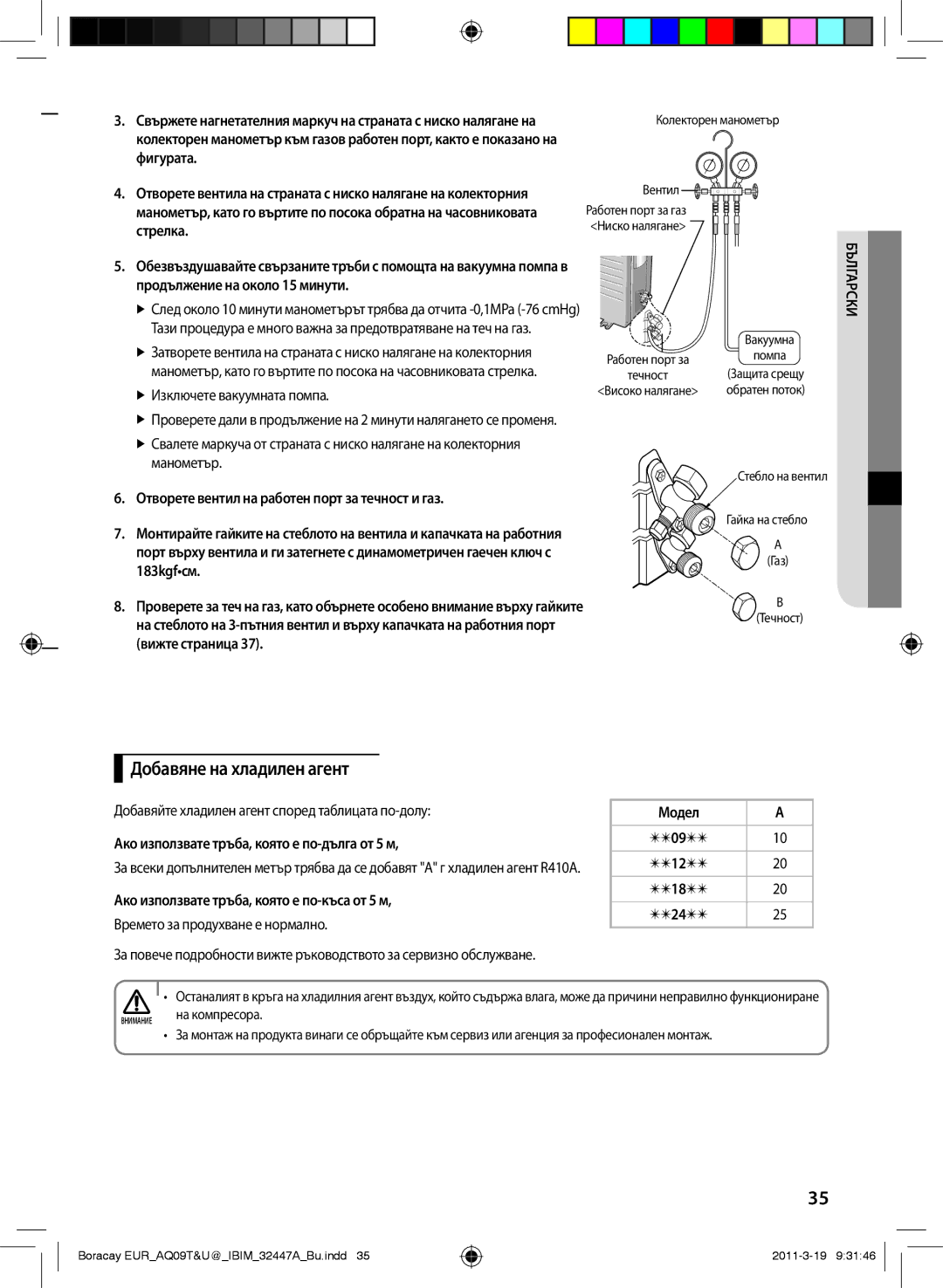 Samsung AQ18UGAN, AQ18UGAX, AQ12TSBXCEE, AQ12TSBNCEE, AQ09TSBXCEE, AQ09TSBNCEE manual Добавяне на хладилен агент 