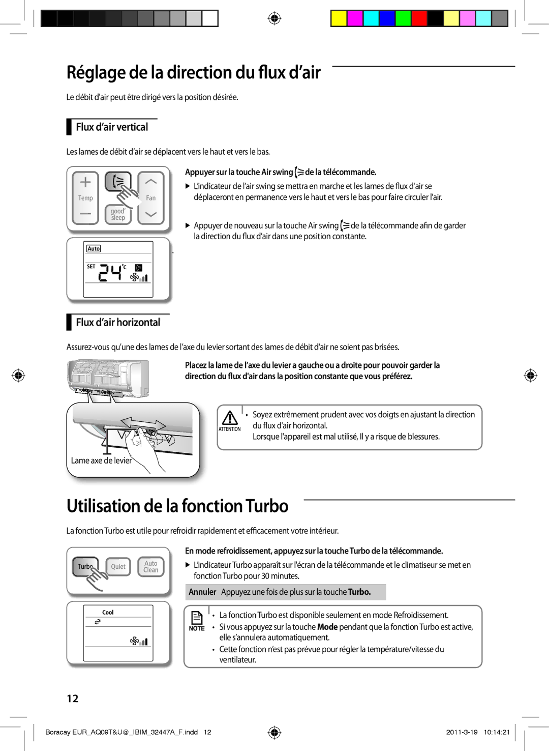 Samsung AQ18UGFN, AQ18UGAN Réglage de la direction du flux d’air, Utilisation de la fonction Turbo, Flux d’air vertical 