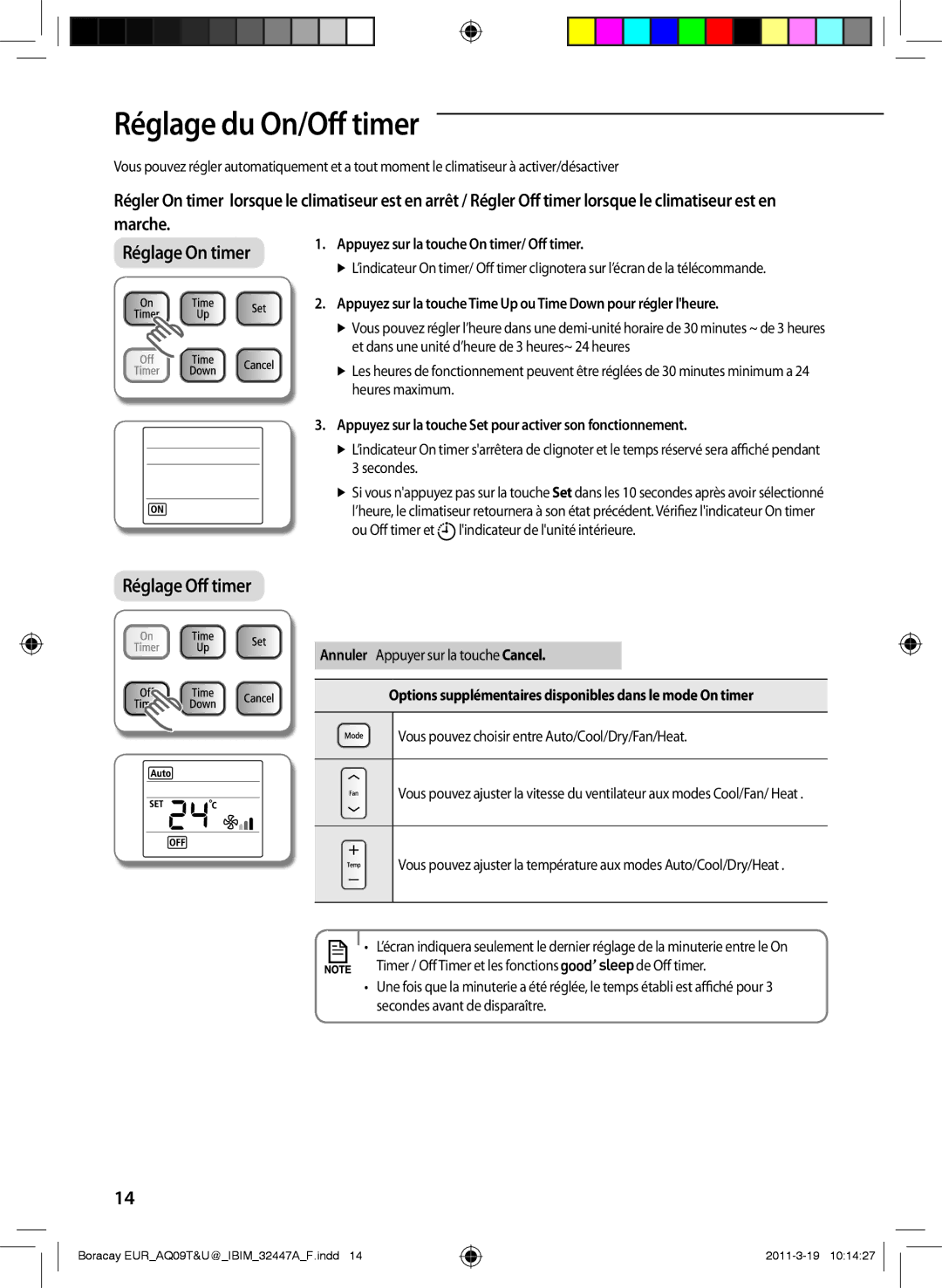 Samsung AQ12UGEN Réglage du On/Off timer, Appuyez sur la touche On timer/ Off timer, Annuler Appuyer sur la touche Cancel 