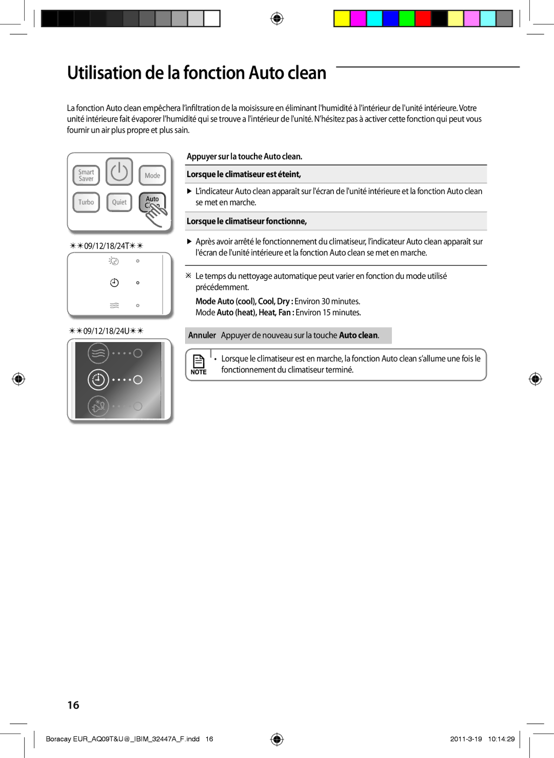 Samsung AQ18UGAN, AQ24TSBXEUR, AQ18TSBN manual Utilisation de la fonction Auto clean, Lorsque le climatiseur fonctionne 