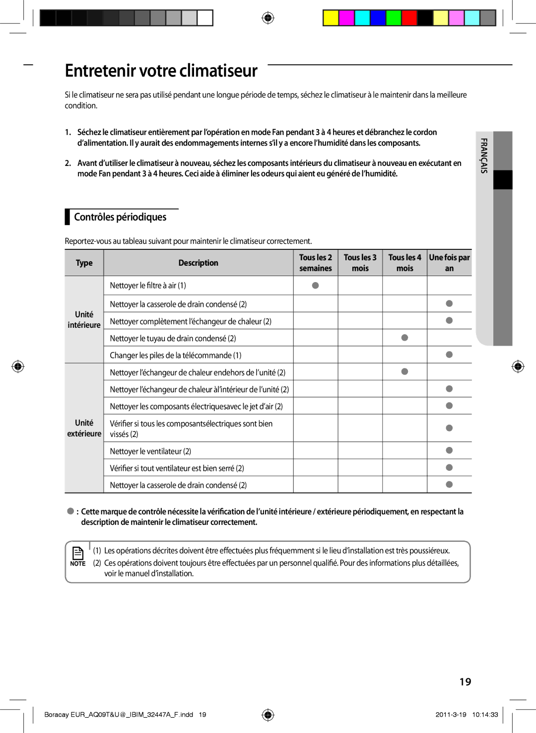 Samsung AQ24UGEN, AQ18UGAN, AQ24TSBXEUR, AQ18TSBN, AQ12UGFN, AQ24TSBN manual Entretenir votre climatiseur, Contrôles périodiques 