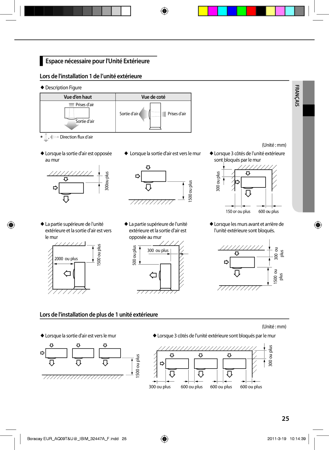 Samsung AQ18TSBN, AQ18UGAN, AQ24TSBXEUR manual Lors de linstallation de plus de 1 unité extérieure, Vue d’en haut Vue de coté 