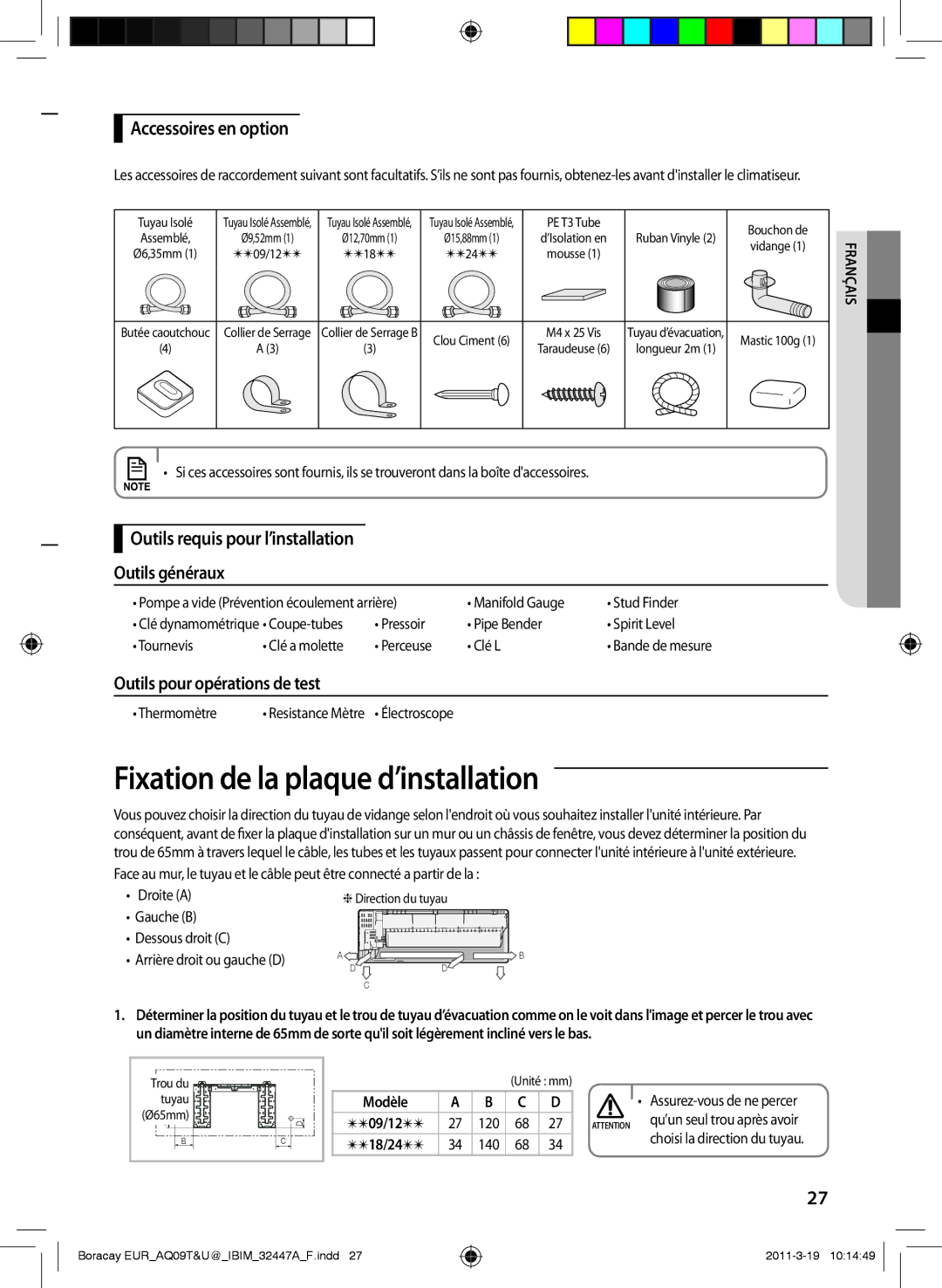 Samsung AQ24TSBN, AQ18UGAN Fixation de la plaque d’installation, Accessoires en option, Outils pour opérations de test 