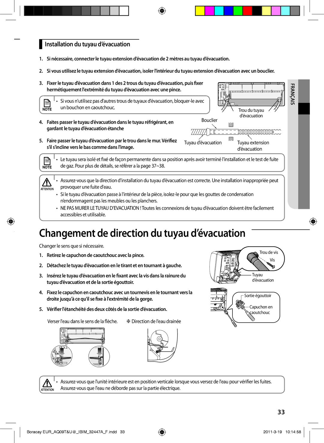 Samsung AQ24TSBNEUR, AQ18UGAN, AQ18TSBN Changement de direction du tuyau d’évacuation, Installation du tuyau d’évacuation 