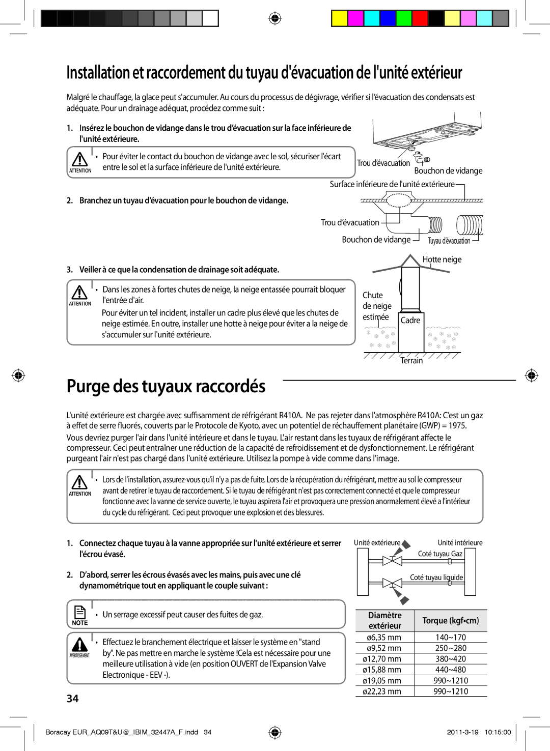 Samsung AQ09UGEN, AQ18UGAN Purge des tuyaux raccordés, Branchez un tuyau d’évacuation pour le bouchon de vidange, Diamètre 