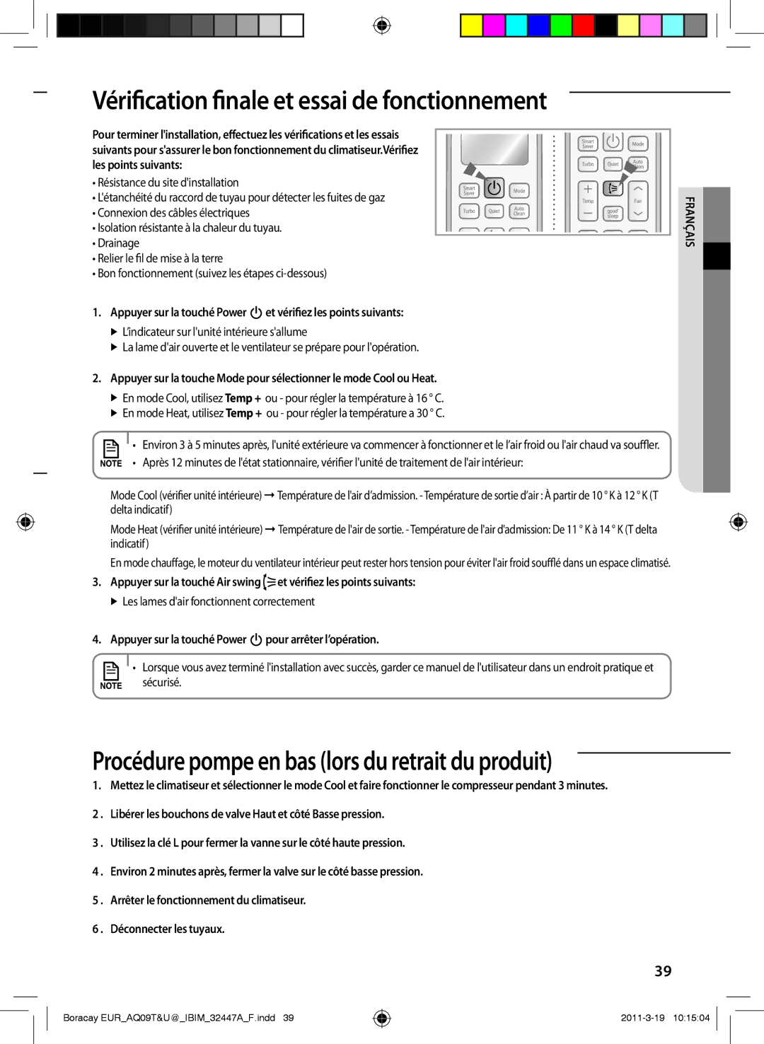 Samsung AQ24TSBX Vérification finale et essai de fonctionnement, Appuyer sur la touché Power pour arrêter l’opération 