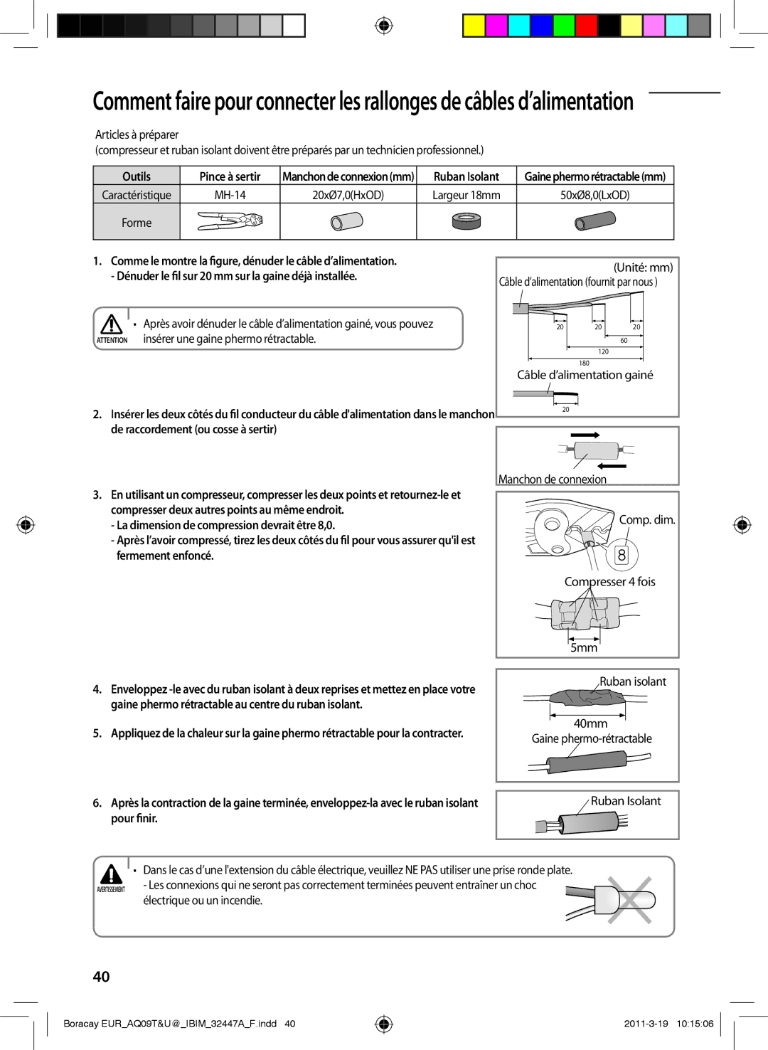 Samsung AQ18UGEN, AQ18UGAN manual Ruban Isolant, Largeur 18mm, Unité mm Câble d’alimentation fournit par nous, Pour finir 