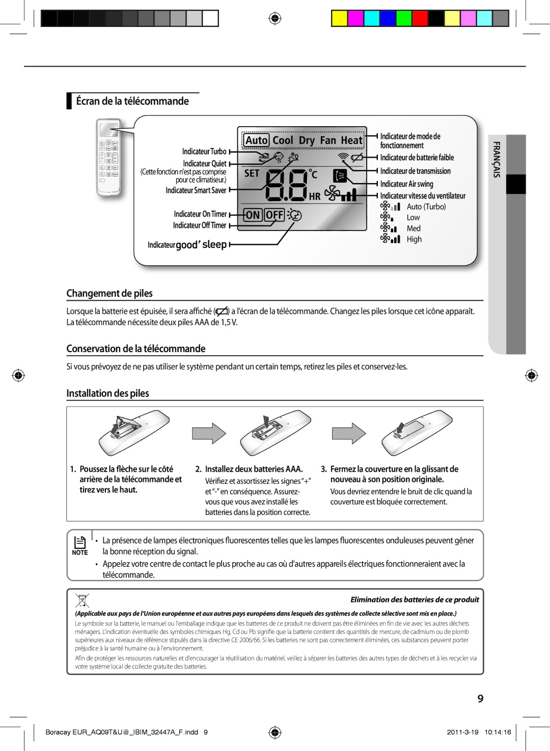 Samsung AQ18UGFX Écran de la télécommande, Changement de piles, Conservation de la télécommande, Installation des piles 