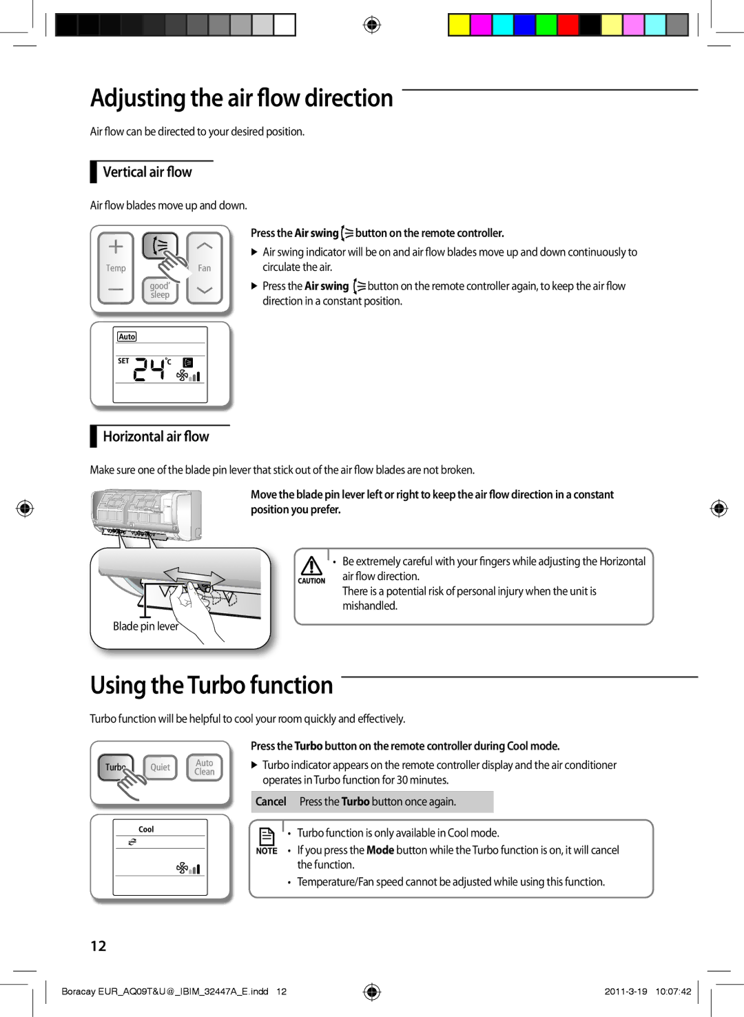 Samsung AQ18UGFN manual Adjusting the air flow direction, Using the Turbo function, Vertical air flow, Horizontal air flow 