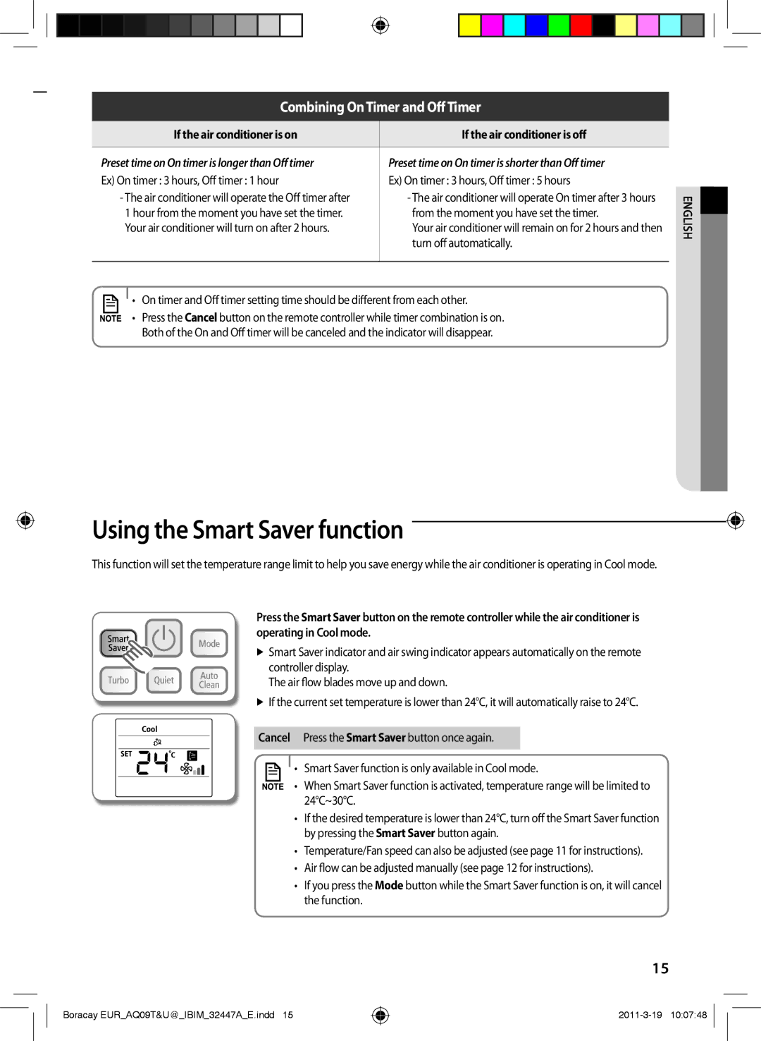 Samsung AQ12TSBNEUR, AQ18UGAN, AQ24TSBXEUR, AQ18TSBN manual Using the Smart Saver function, Combining On Timer and Off Timer 