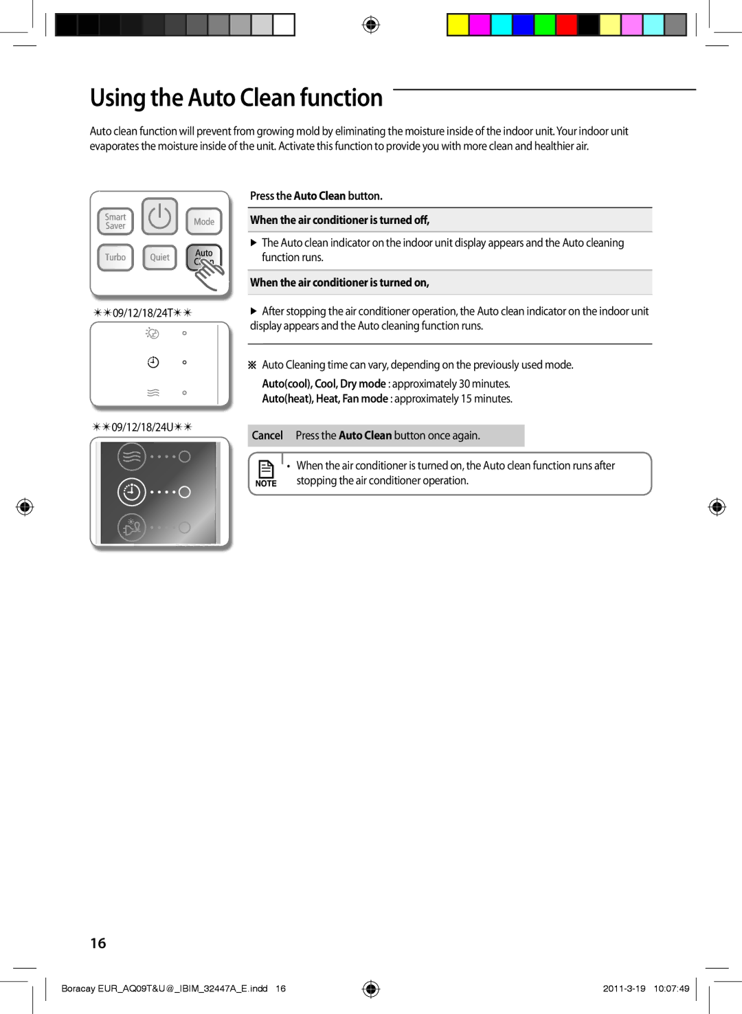 Samsung AQ24TSBX Using the Auto Clean function, 09/12/18/24T 09/12/18/24U, When the air conditioner is turned on 