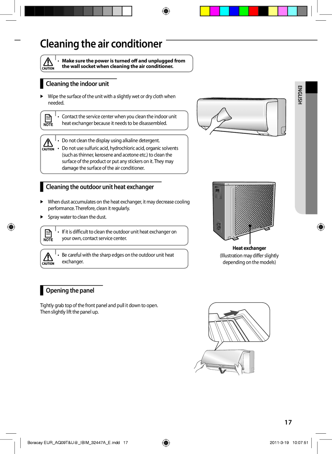 Samsung AQ18UGEN manual Cleaning the air conditioner, Cleaning the indoor unit, Cleaning the outdoor unit heat exchanger 