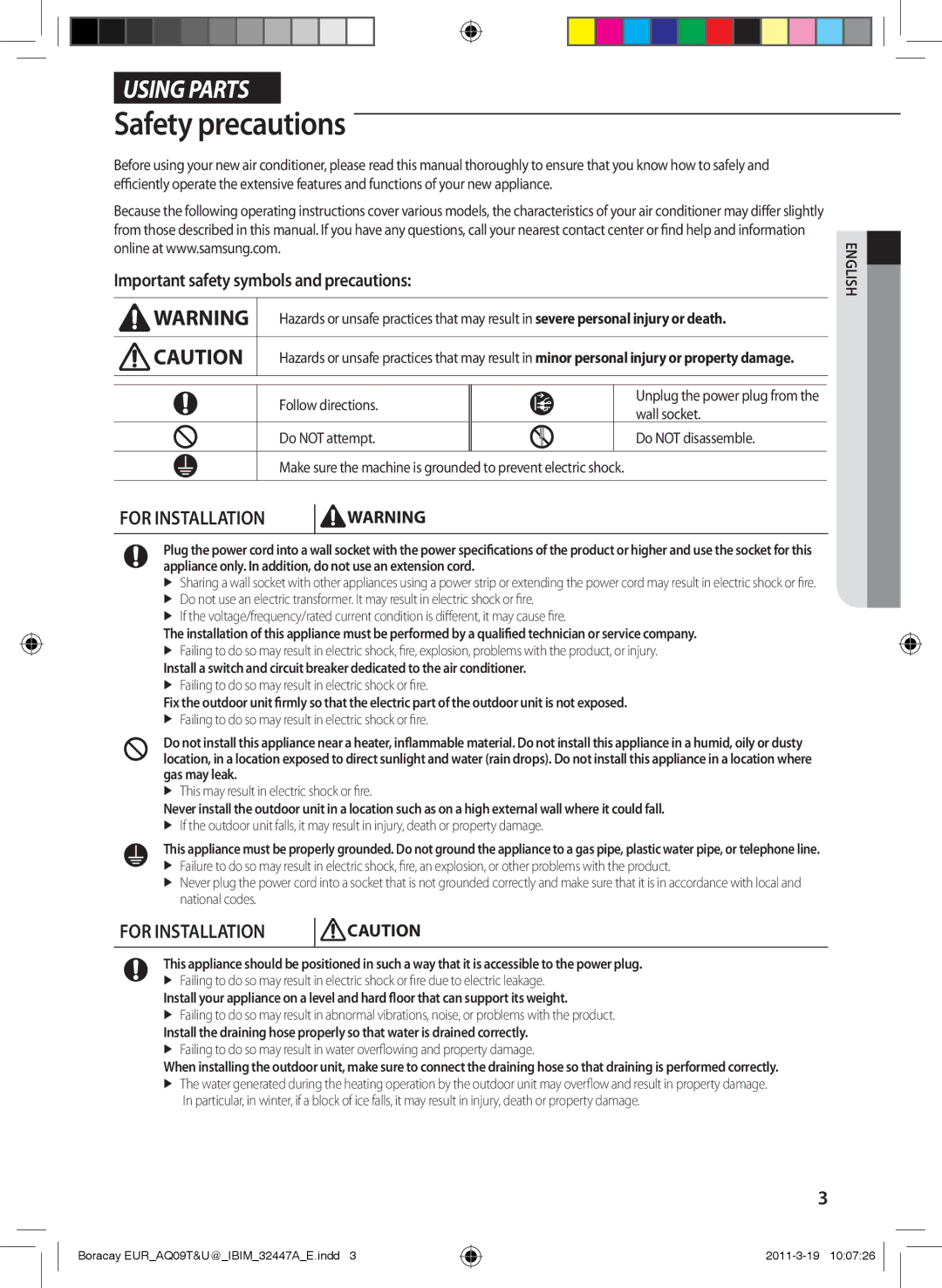 Samsung AQ12UGFN, AQ18UGAN Safety precautions, Important safety symbols and precautions, Follow directions, Wall socket 