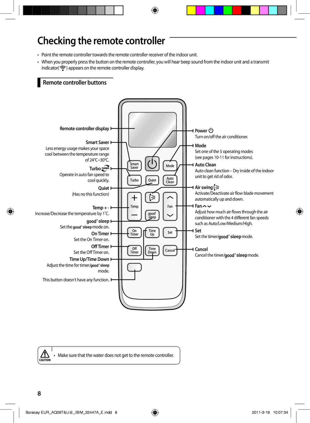 Samsung AQ18UGAX, AQ18UGAN, AQ24TSBXEUR, AQ18TSBN, AQ12UGFN manual Checking the remote controller, Remote controller buttons 