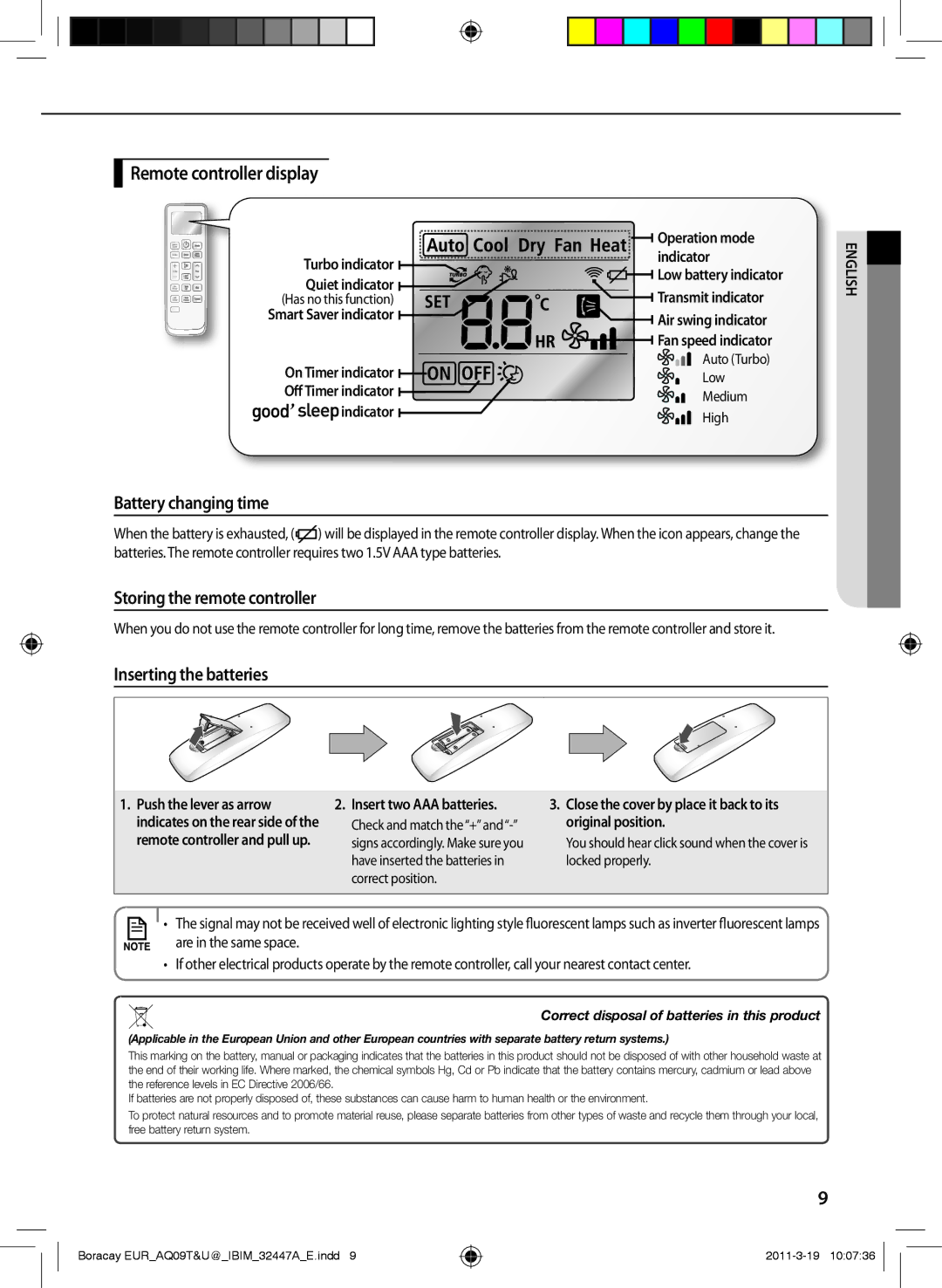 Samsung AQ18UGFX Remote controller display, Battery changing time, Storing the remote controller, Inserting the batteries 