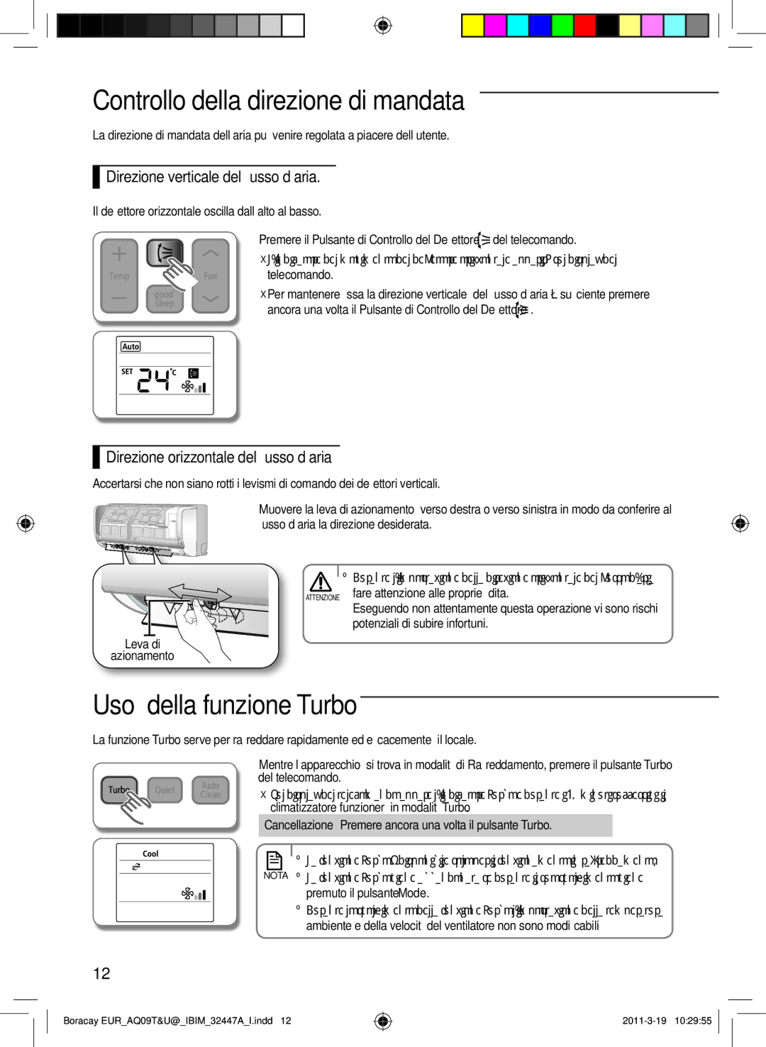 Samsung AQ18TSBXEUR Controllo della direzione di mandata, Uso della funzione Turbo, Direzione verticale del flusso d’aria 