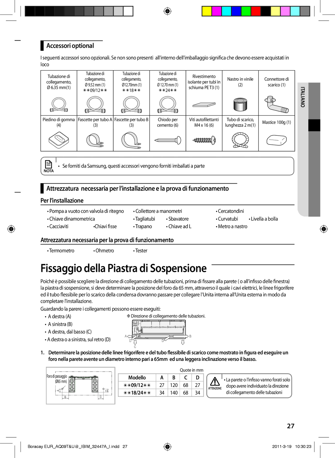 Samsung AQ09TSBN, AQ18UGAN, AQ24TSBXEUR, AQ18TSBN, AQ12UGFN manual Fissaggio della Piastra di Sospensione, Accessori optional 