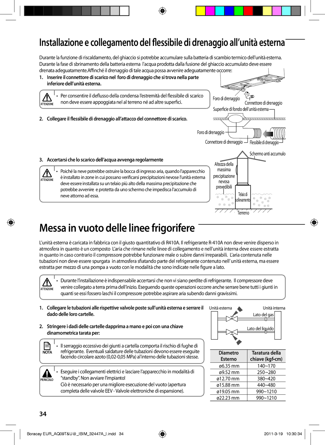 Samsung AQ12UGFN manual Messa in vuoto delle linee frigorifere, Foro di drenaggio, Terreno, Standby. Non avviare l’impianto 