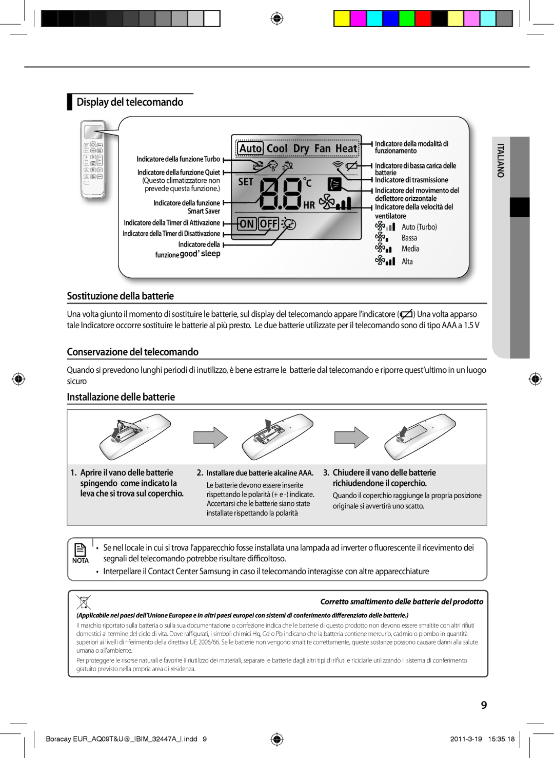 Samsung AQ18UGFX, AQ18UGAN, AQ24TSBXEUR Display del telecomando, Sostituzione della batterie, Conservazione del telecomando 