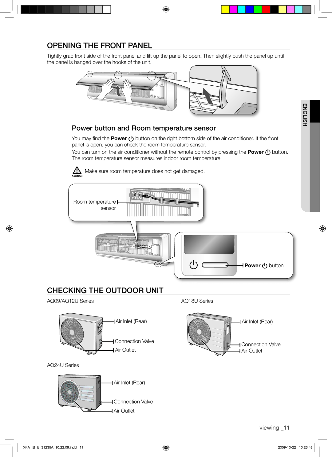 Samsung AQ18UGAN, AQ24UGAN Opening the Front Panel, Checking the Outdoor Unit, Power button and Room temperature sensor 