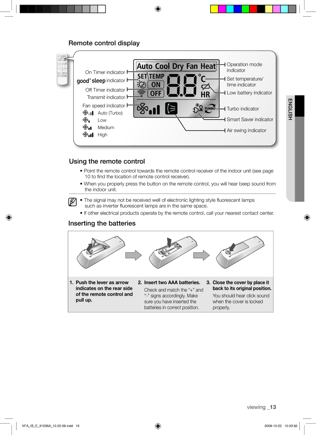 Samsung AQ24UGAX, AQ18UGAN, AQ24UGAN, AQ18UGAX Remote control display, Using the remote control, Inserting the batteries 