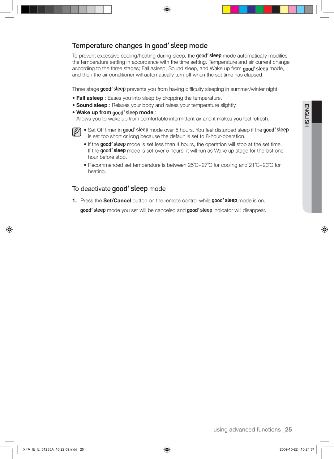 Samsung AQ09UGDX, AQ18UGAN, AQ24UGAN, AQ24UGAX, AQ18UGAX Temperature changes in mode, To deactivate mode, Wake up from mode 