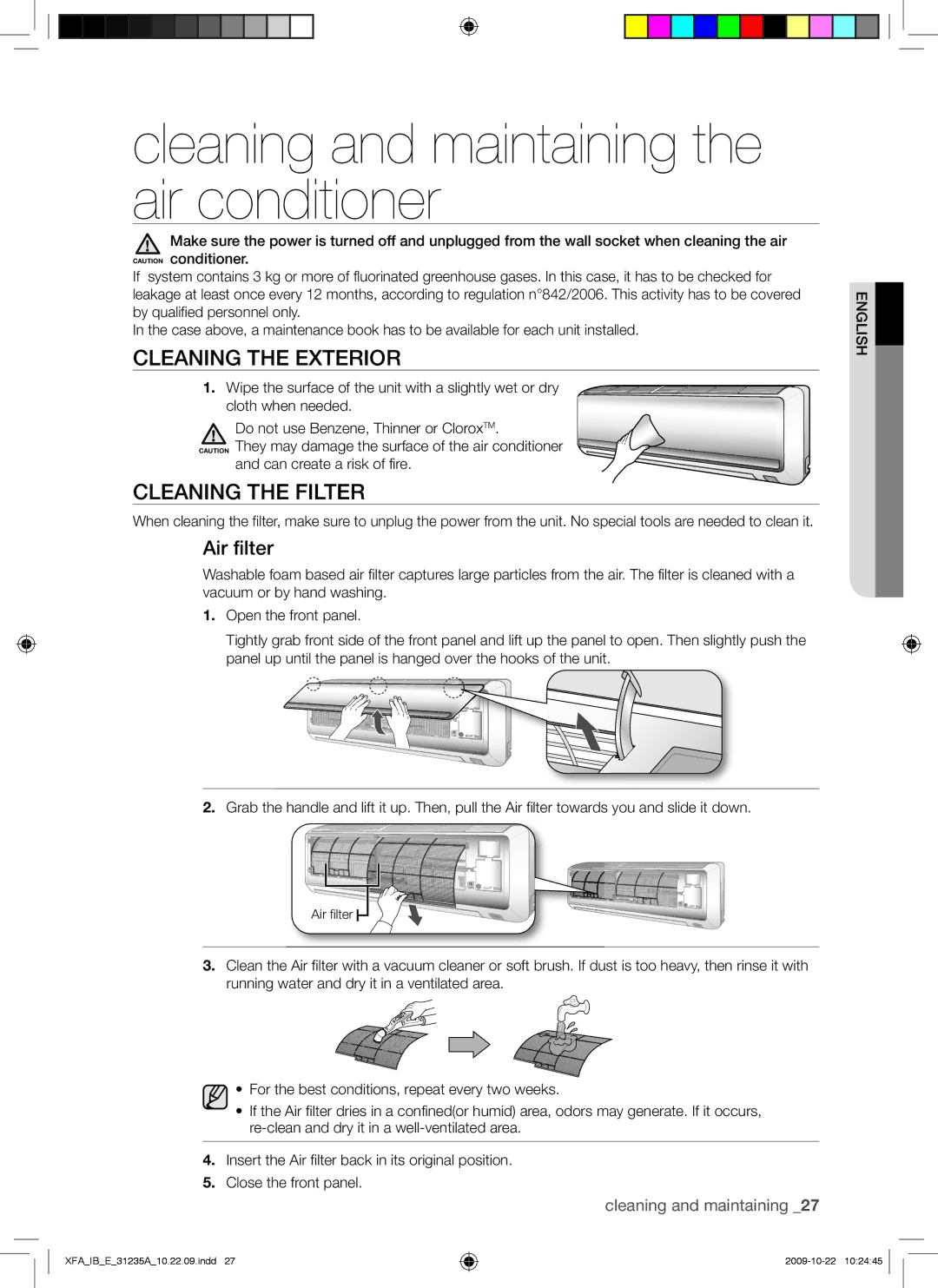 Samsung AQ24UGAN Cleaning and maintaining the air conditioner, Cleaning the Exterior, Cleaning the Filter, Air filter 